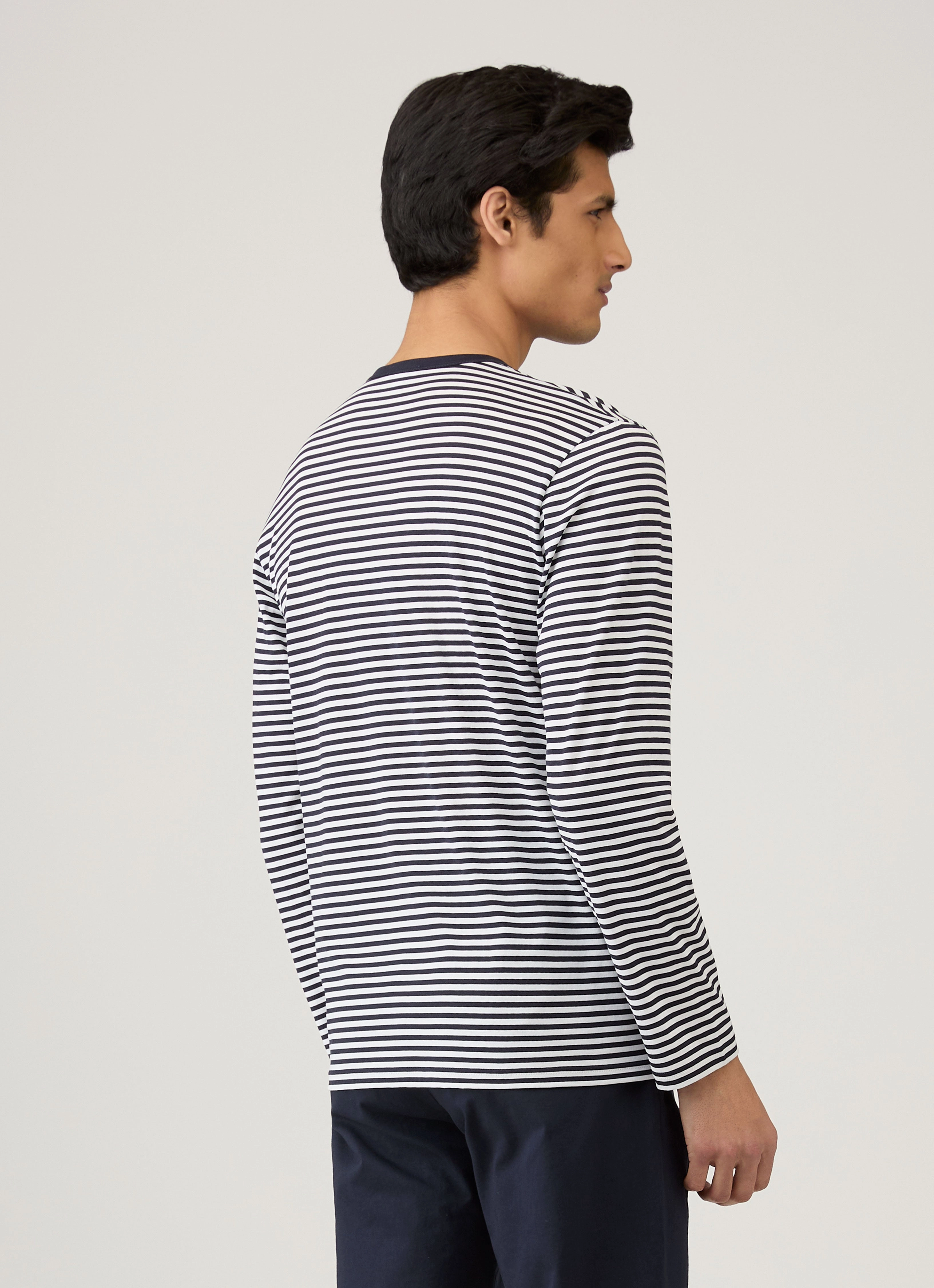 Men's Classic Long Sleeve T-shirt in Navy/White English Stripe Relaxed Shape Daily