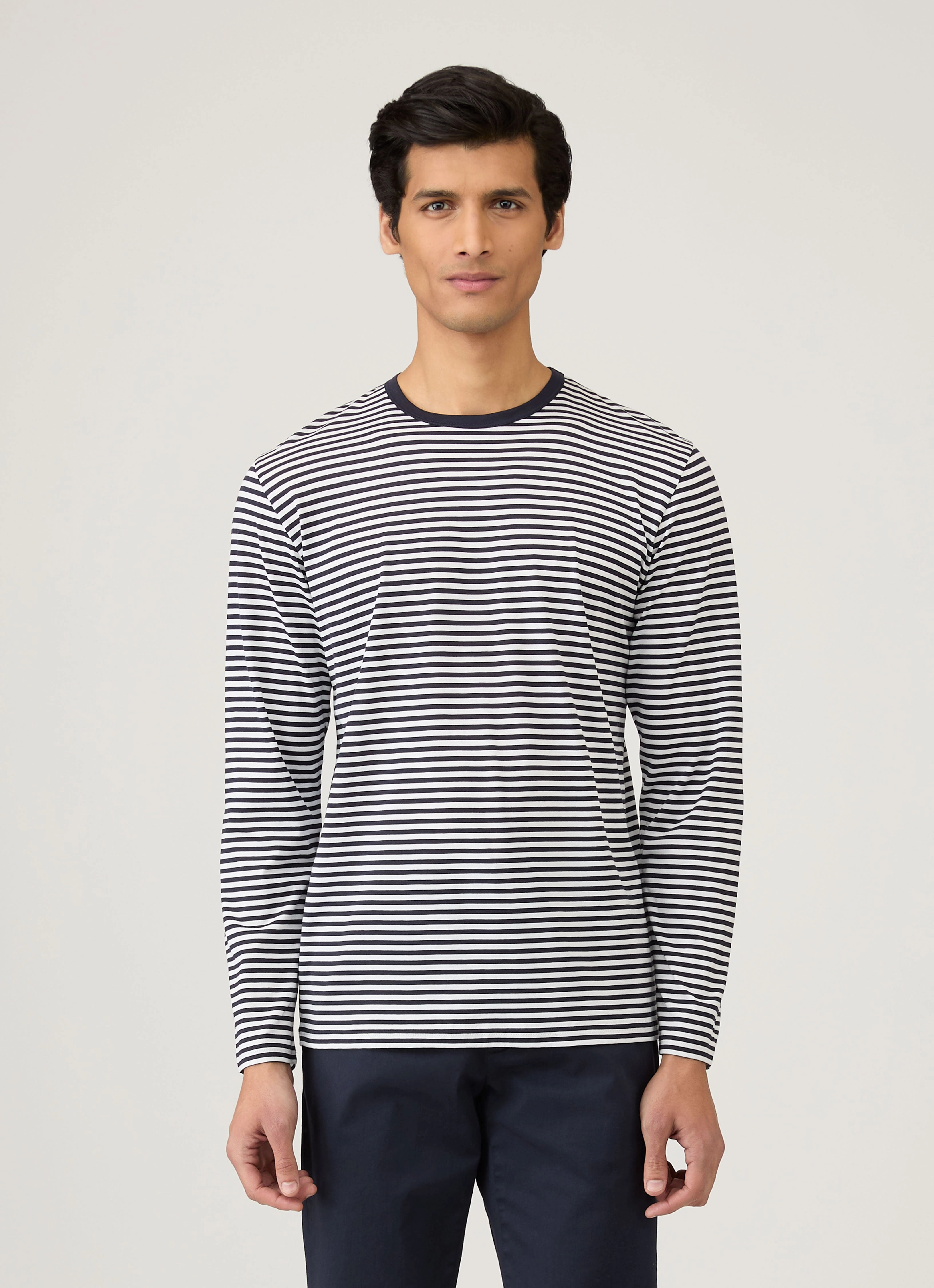 Men's Classic Long Sleeve T-shirt in Navy/White English Stripe Relaxed Shape Daily