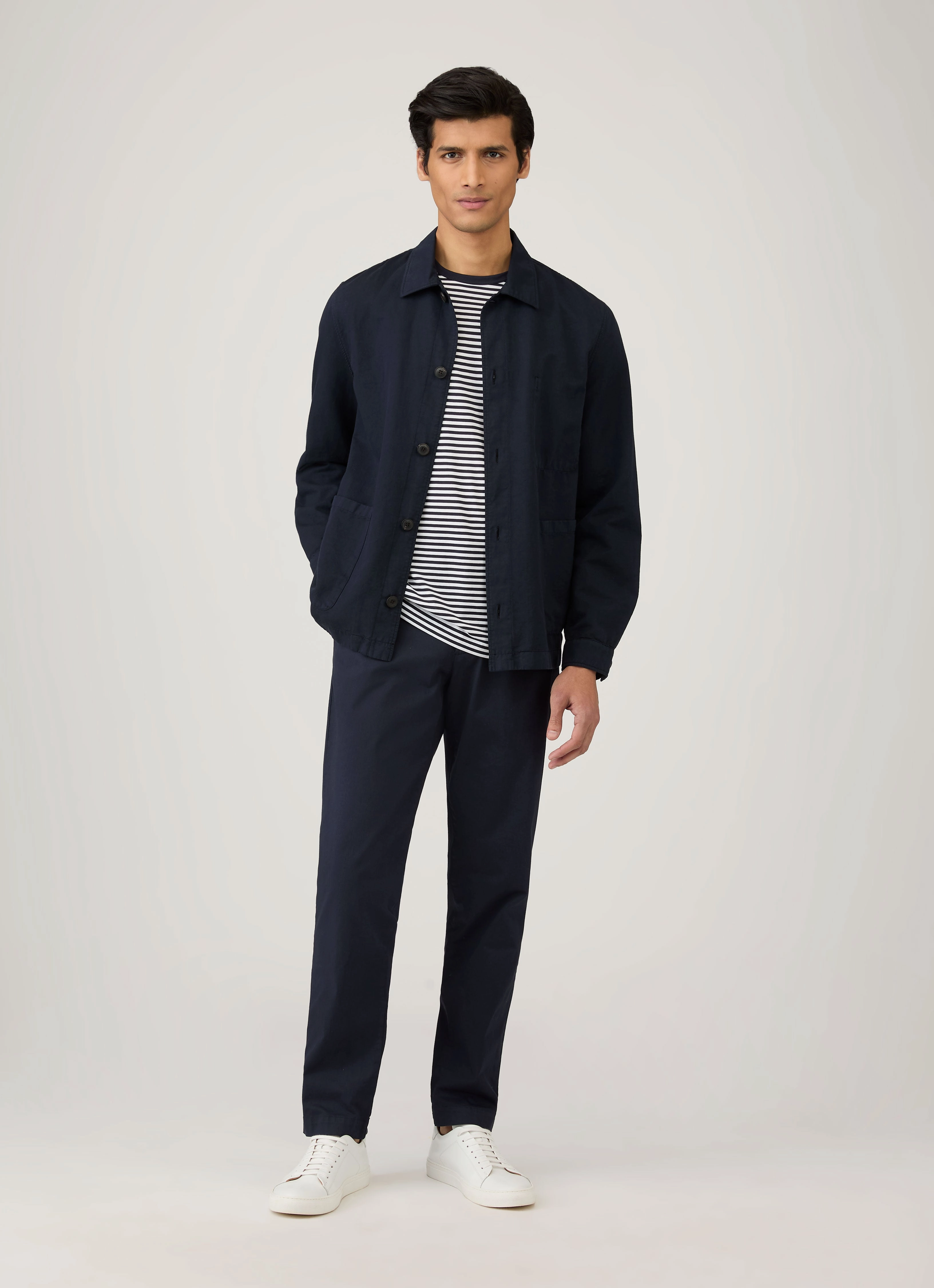 Men's Classic Long Sleeve T-shirt in Navy/White English Stripe Relaxed Shape Daily