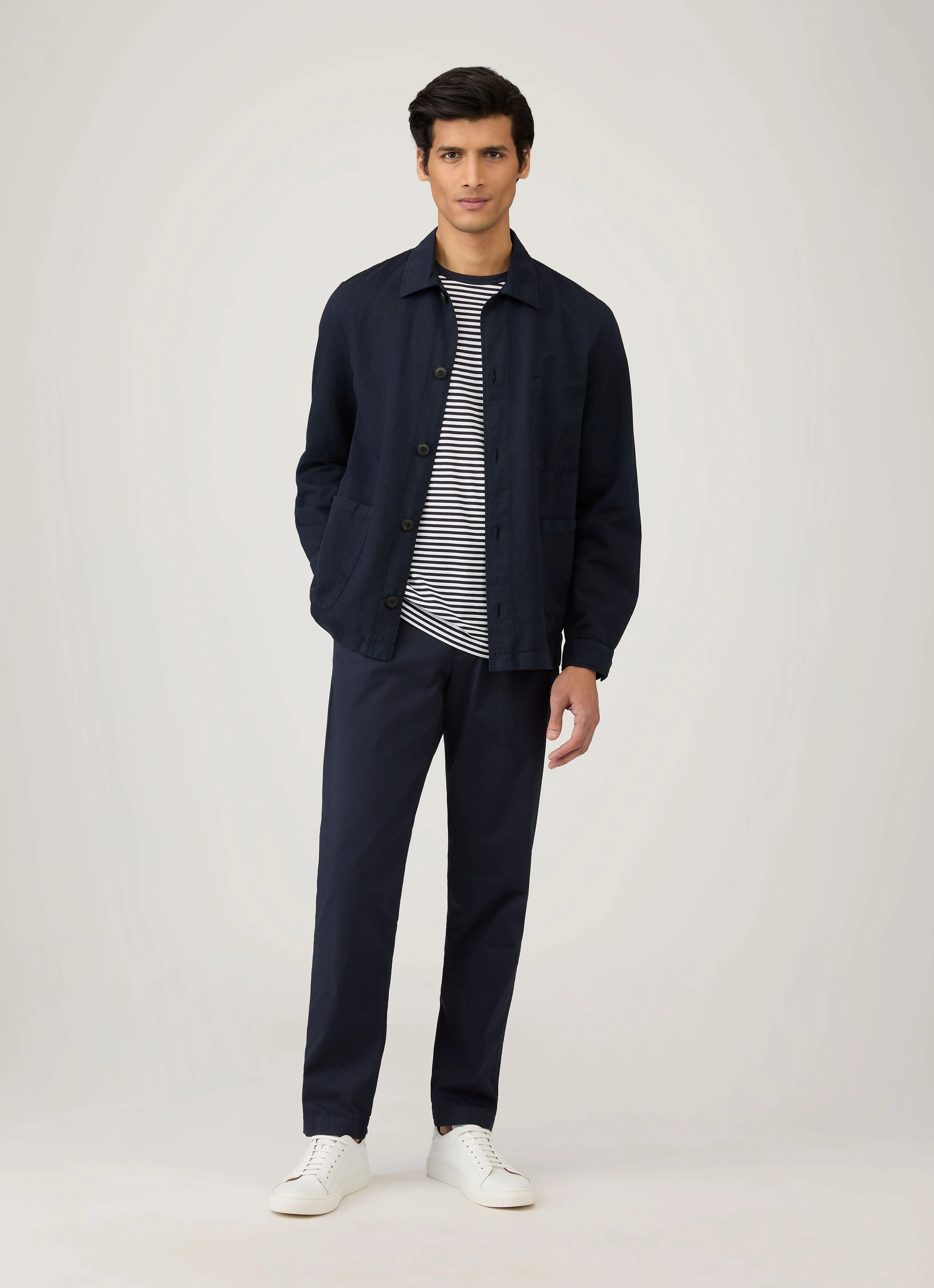 Men's Classic Long Sleeve T-shirt in Navy/White English Stripe Relaxed Shape Daily