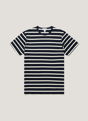 Daily Casual Style Men's Classic T-shirt in Navy/Ecru Breton Stripe