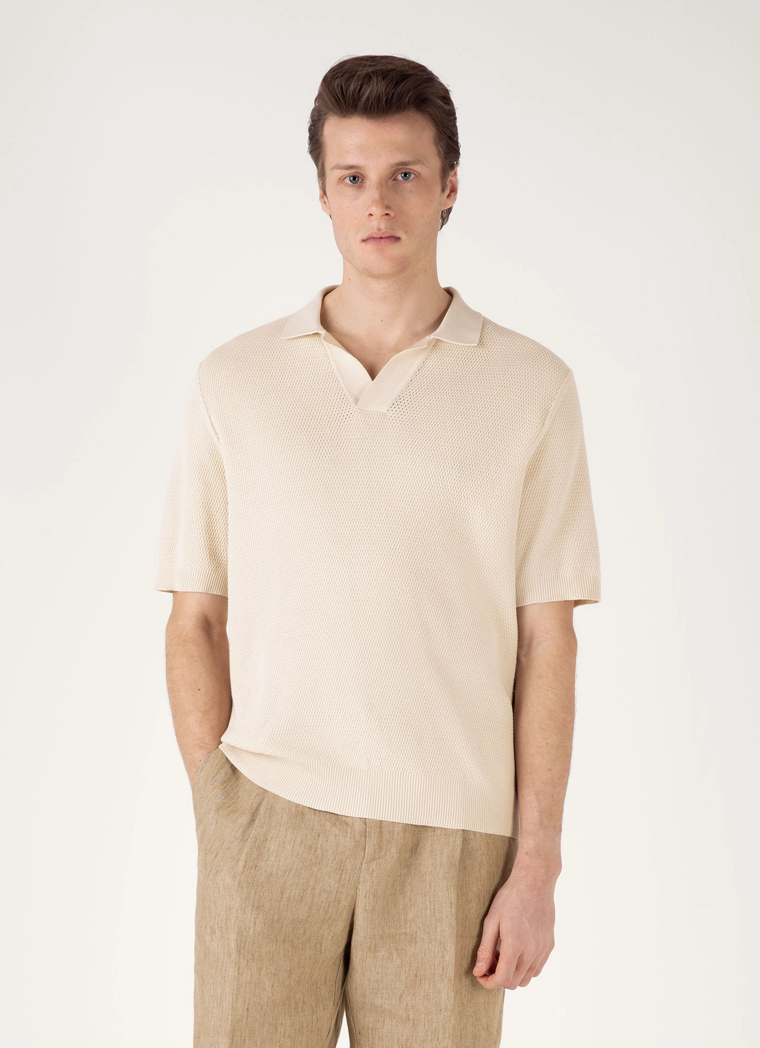 Men's Compact Mesh Knit Polo Shirt in Ecru Basic Design Casual