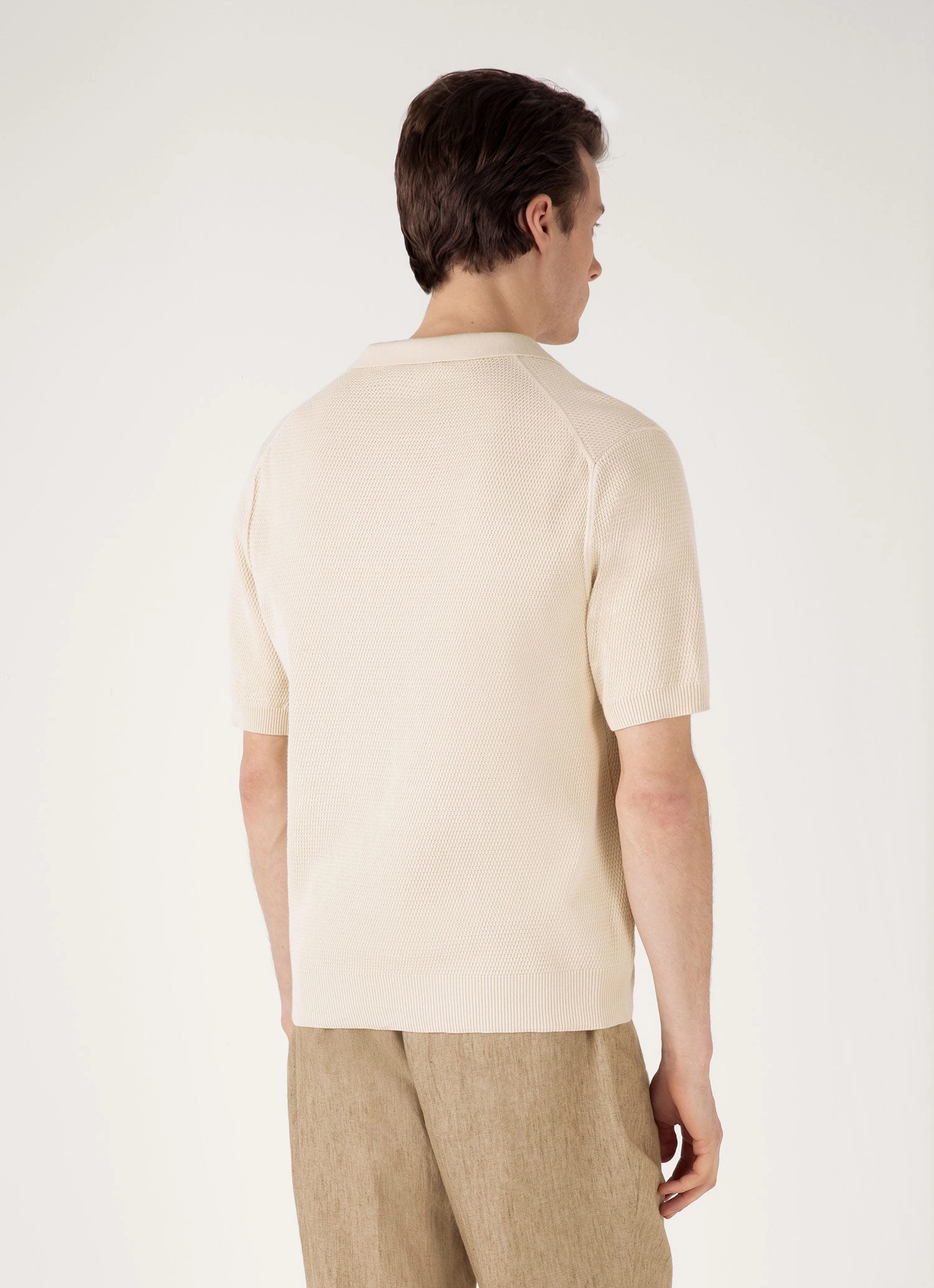 Men's Compact Mesh Knit Polo Shirt in Ecru Basic Design Casual