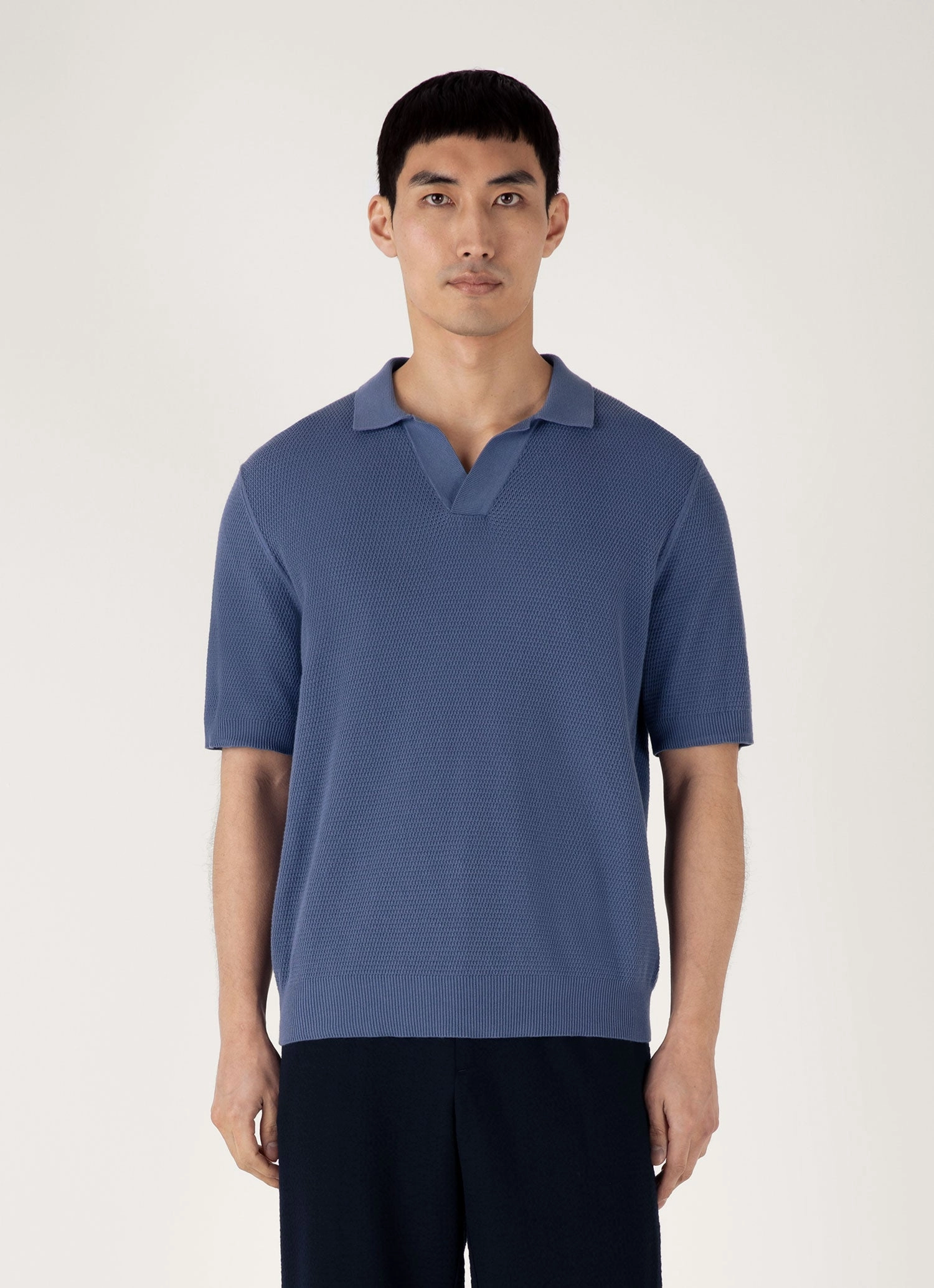 Men's Compact Mesh Knit Polo Shirt in Soft Denim Bold Fit Summer