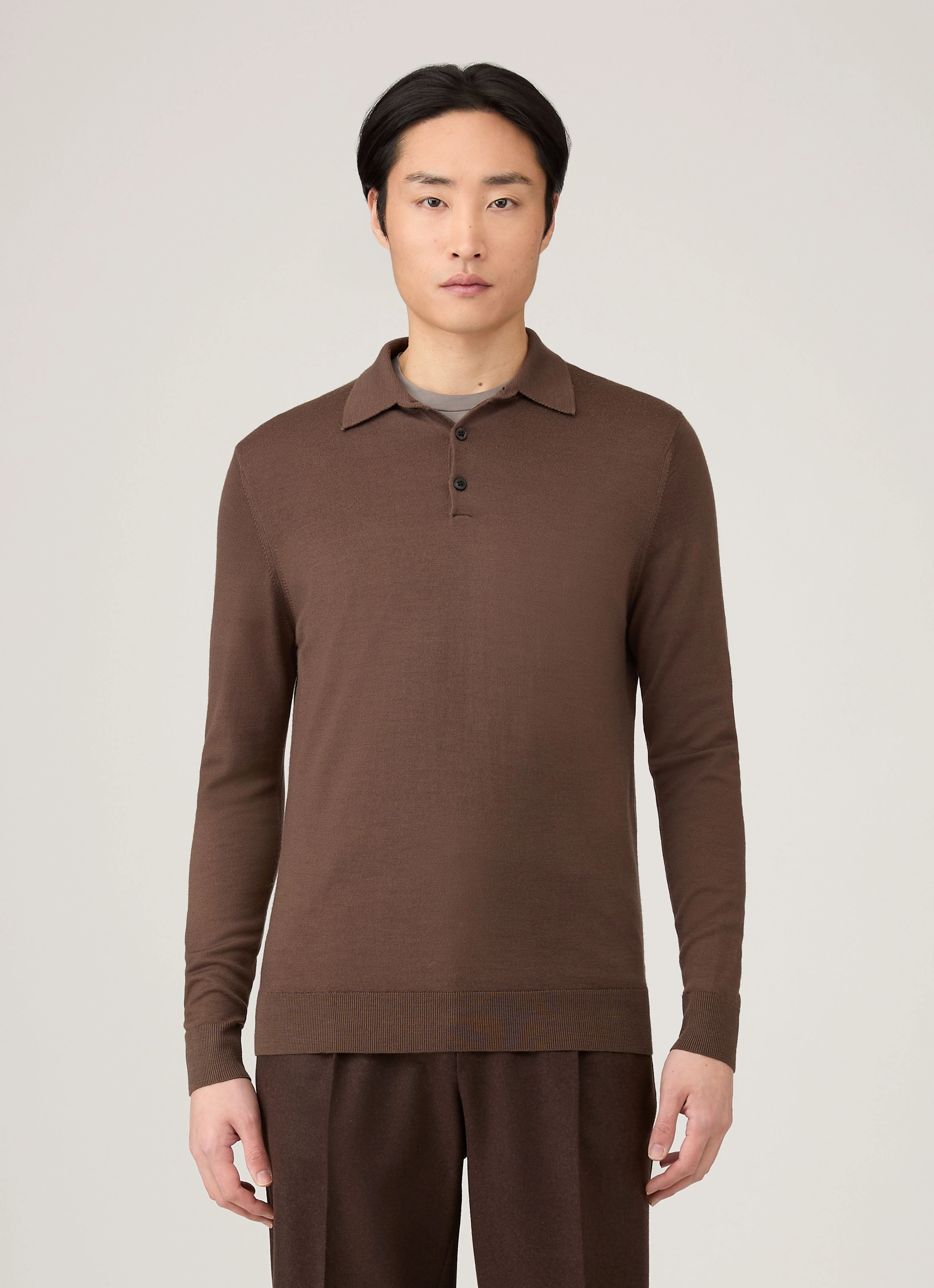 Men's Extra-Fine Merino Polo Shirt in Bark Spring-autumn Suitable