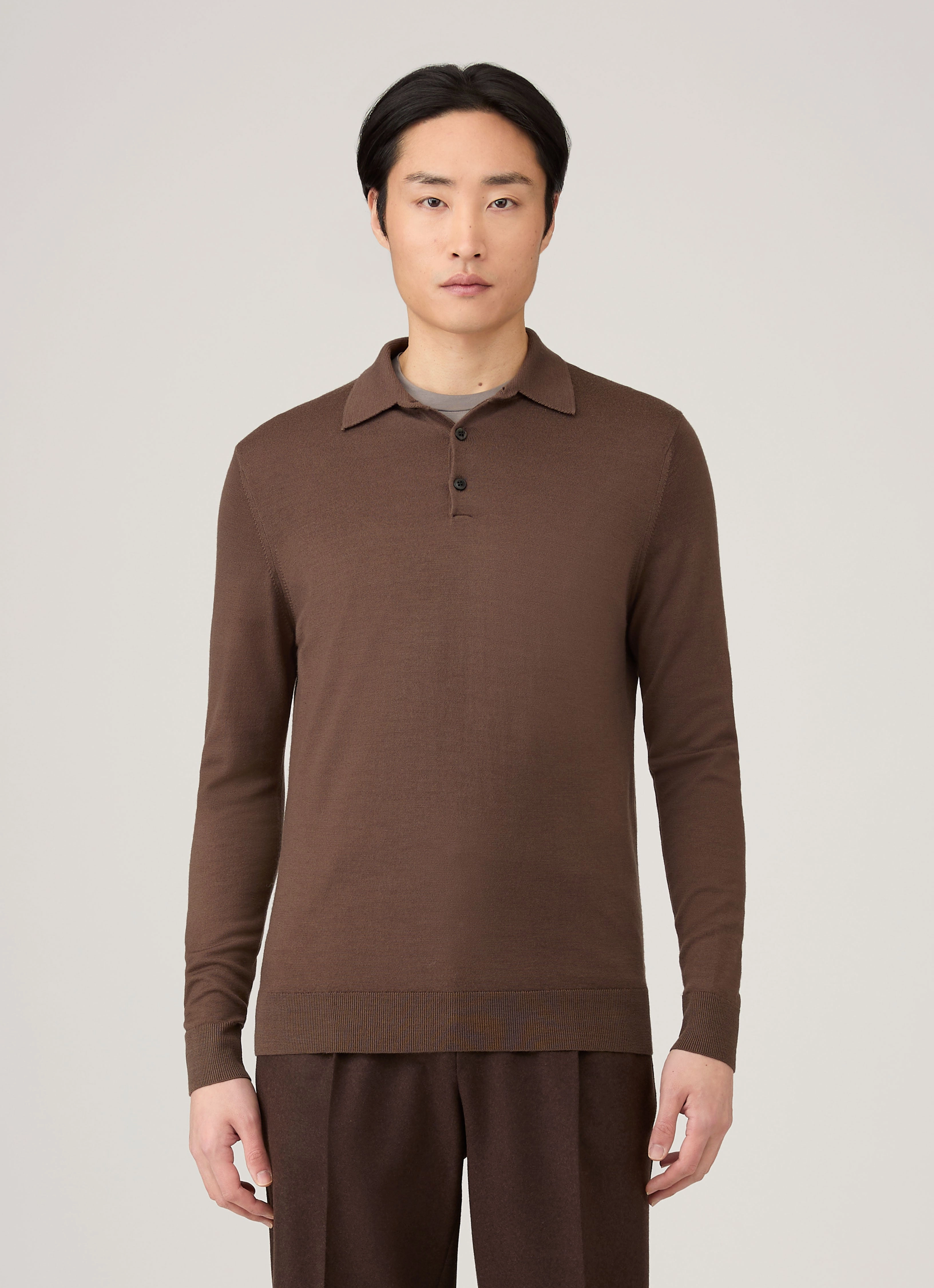 Men's Extra-Fine Merino Polo Shirt in Bark Spring-autumn Suitable