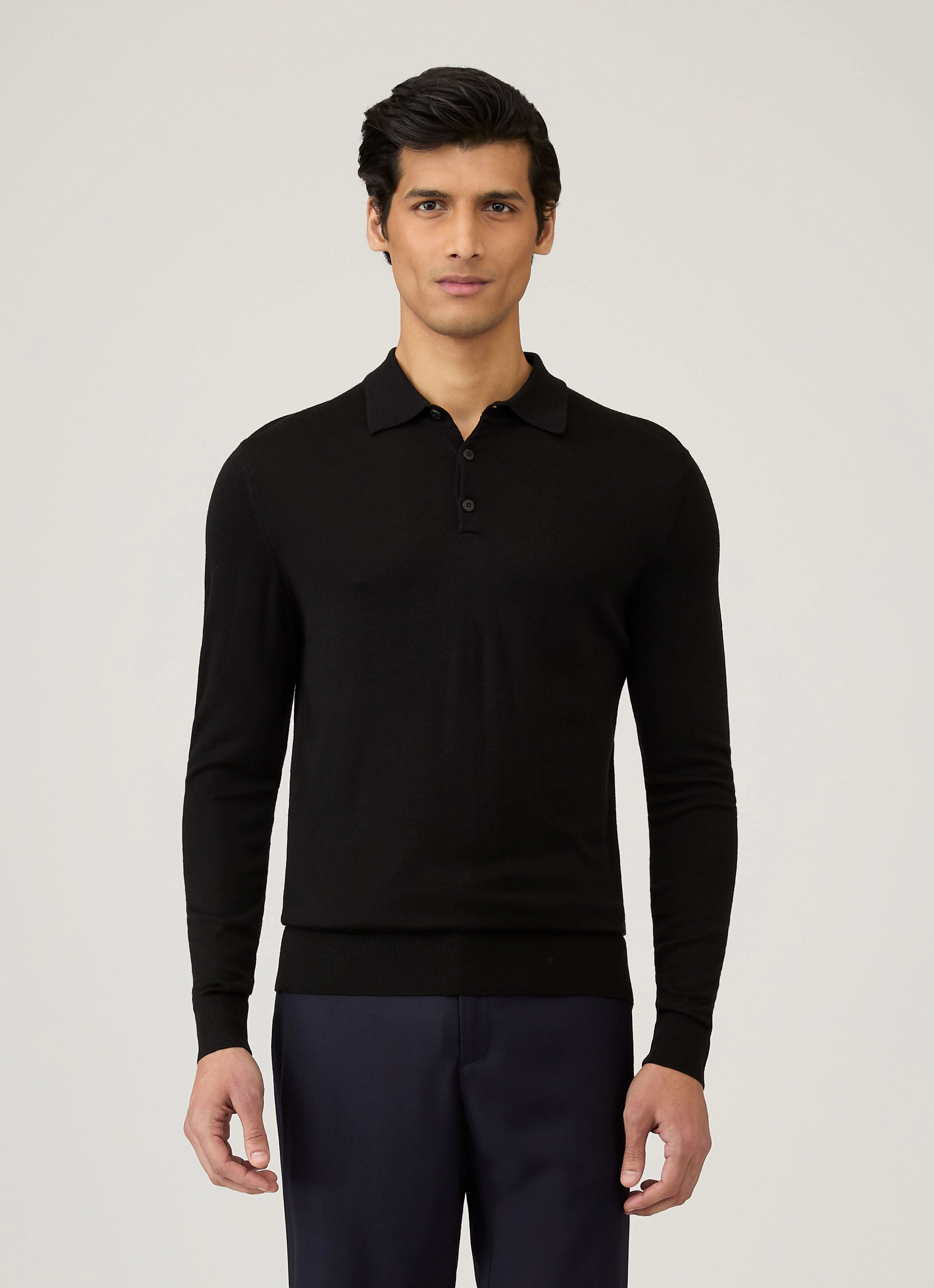 Men's Extra-Fine Merino Polo Shirt in Black Premium Cut Running