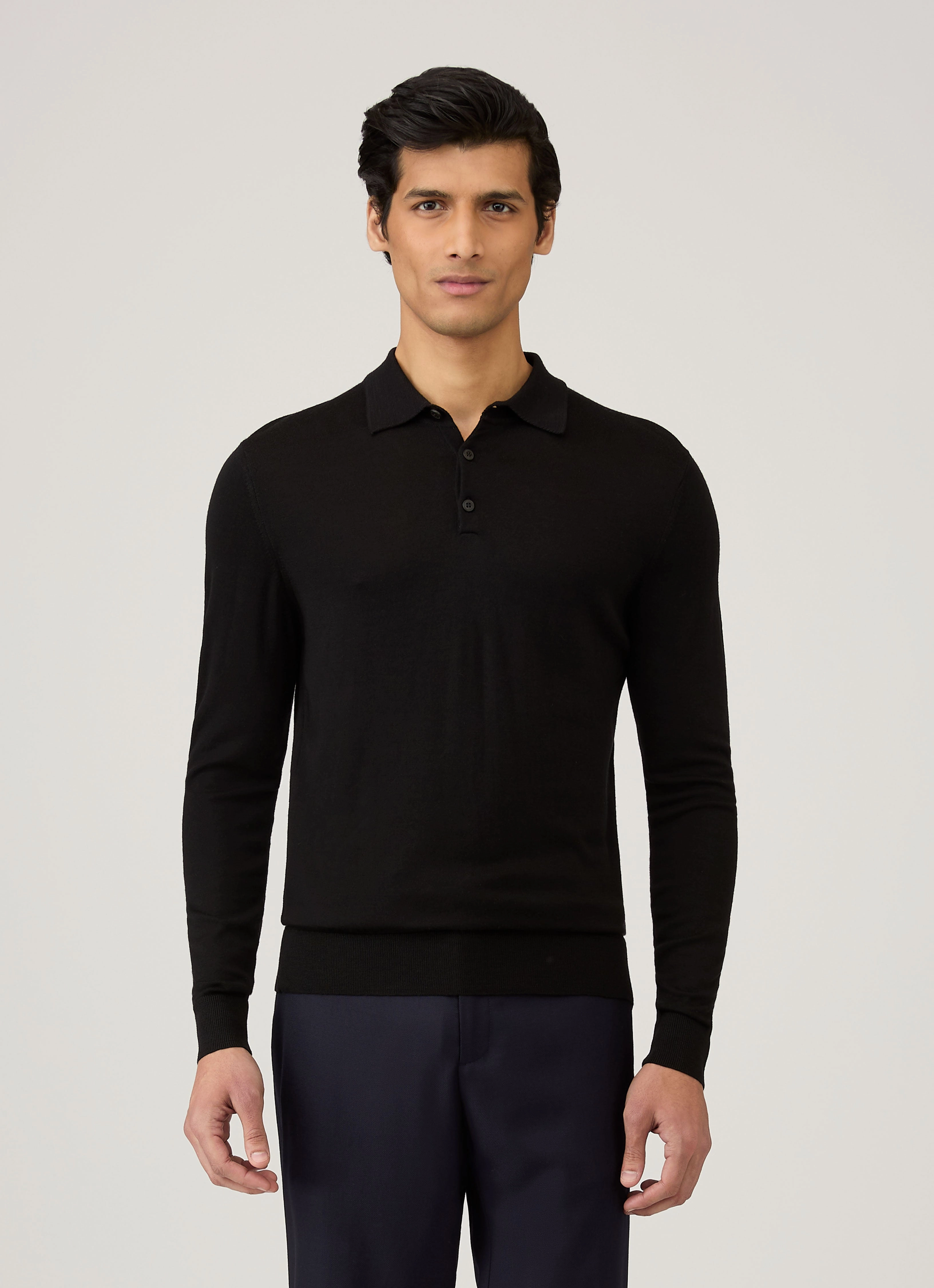 Men's Extra-Fine Merino Polo Shirt in Black Thin Breathable