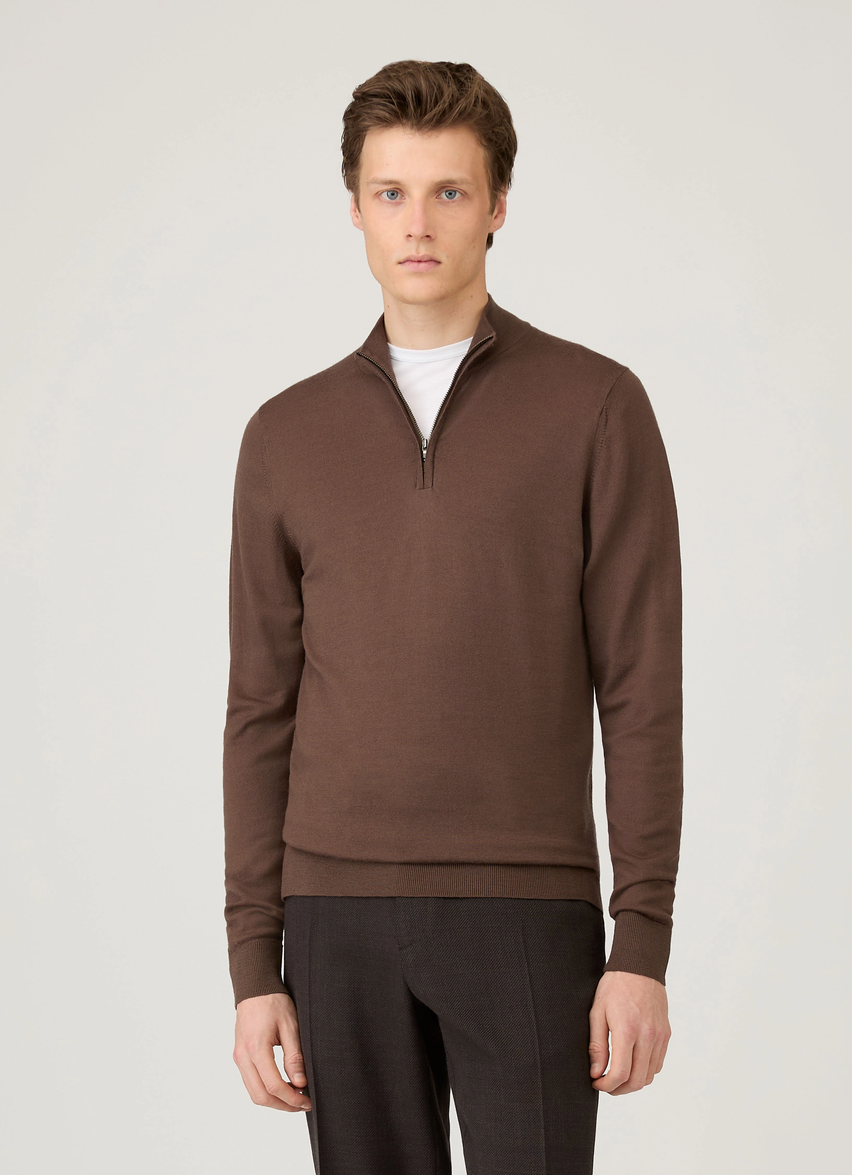 Men's Extra-Fine Merino Zip Neck in Bark Innerwear Warm