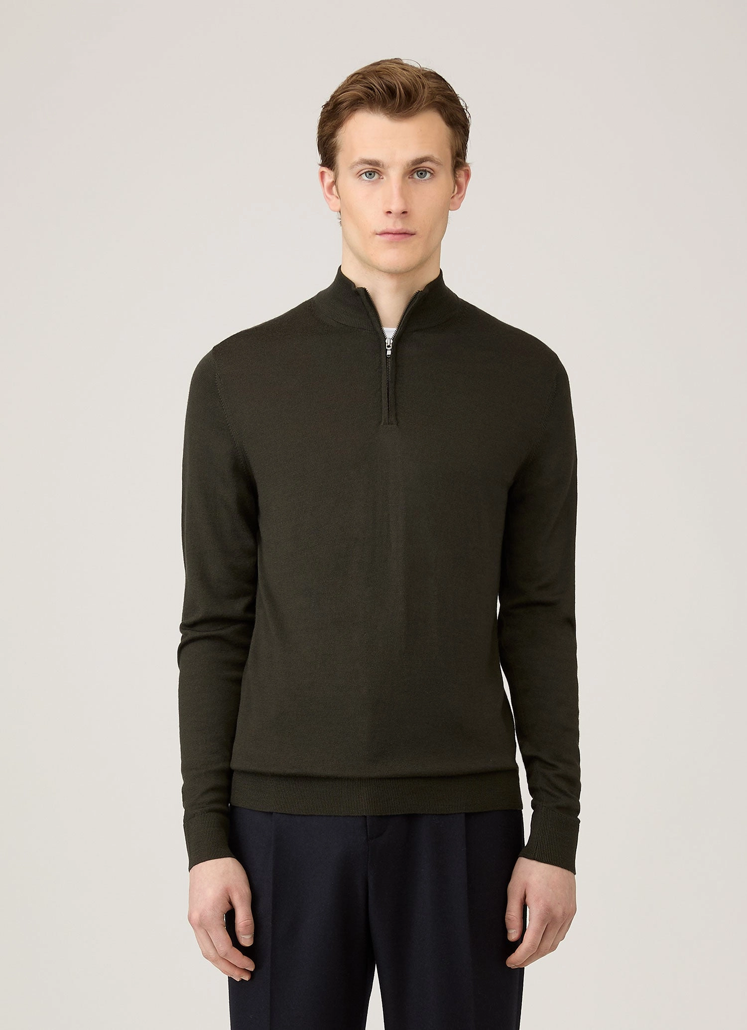 Men's Extra-Fine Merino Zip Neck in Dark Green Cable Knit Vintage