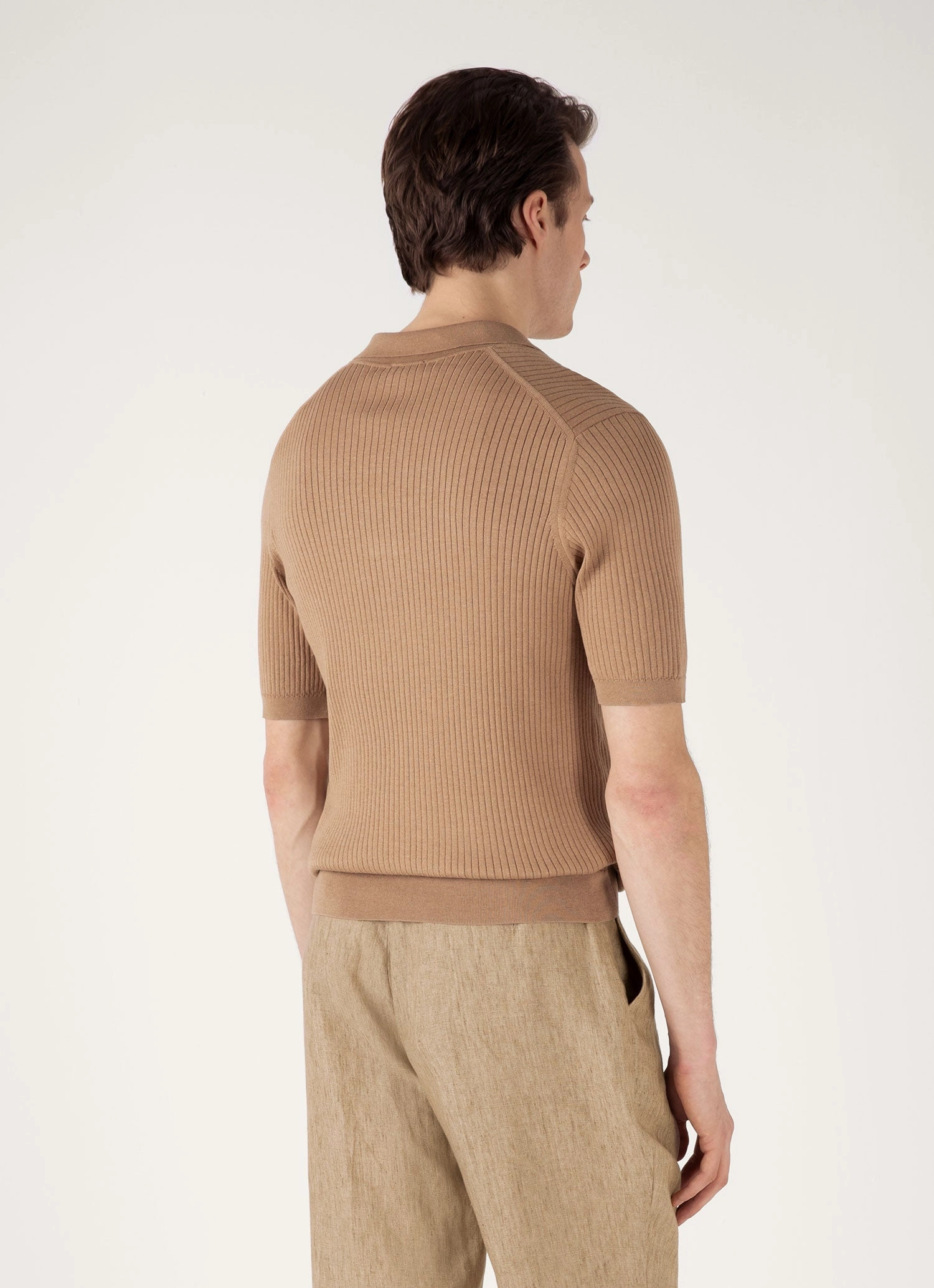 Men's Fine Rib Silk Cotton Polo Shirt in Dune Stylish Style