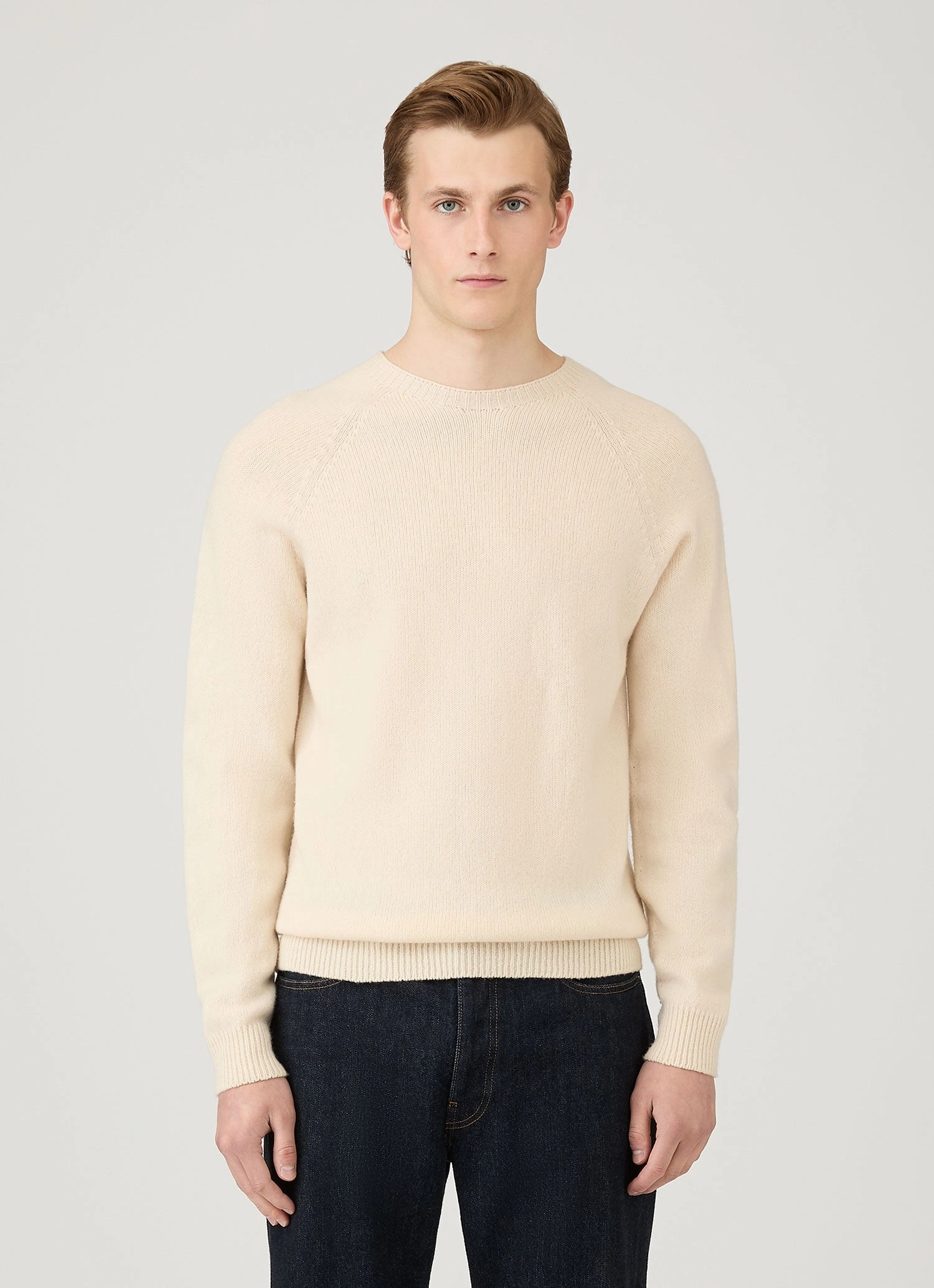 Men's Lambswool Crew Neck Jumper in Ecru Preppy Style