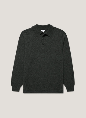 Men's Lambswool Polo Shirt in Dark Green Twist Winter-ready sweater