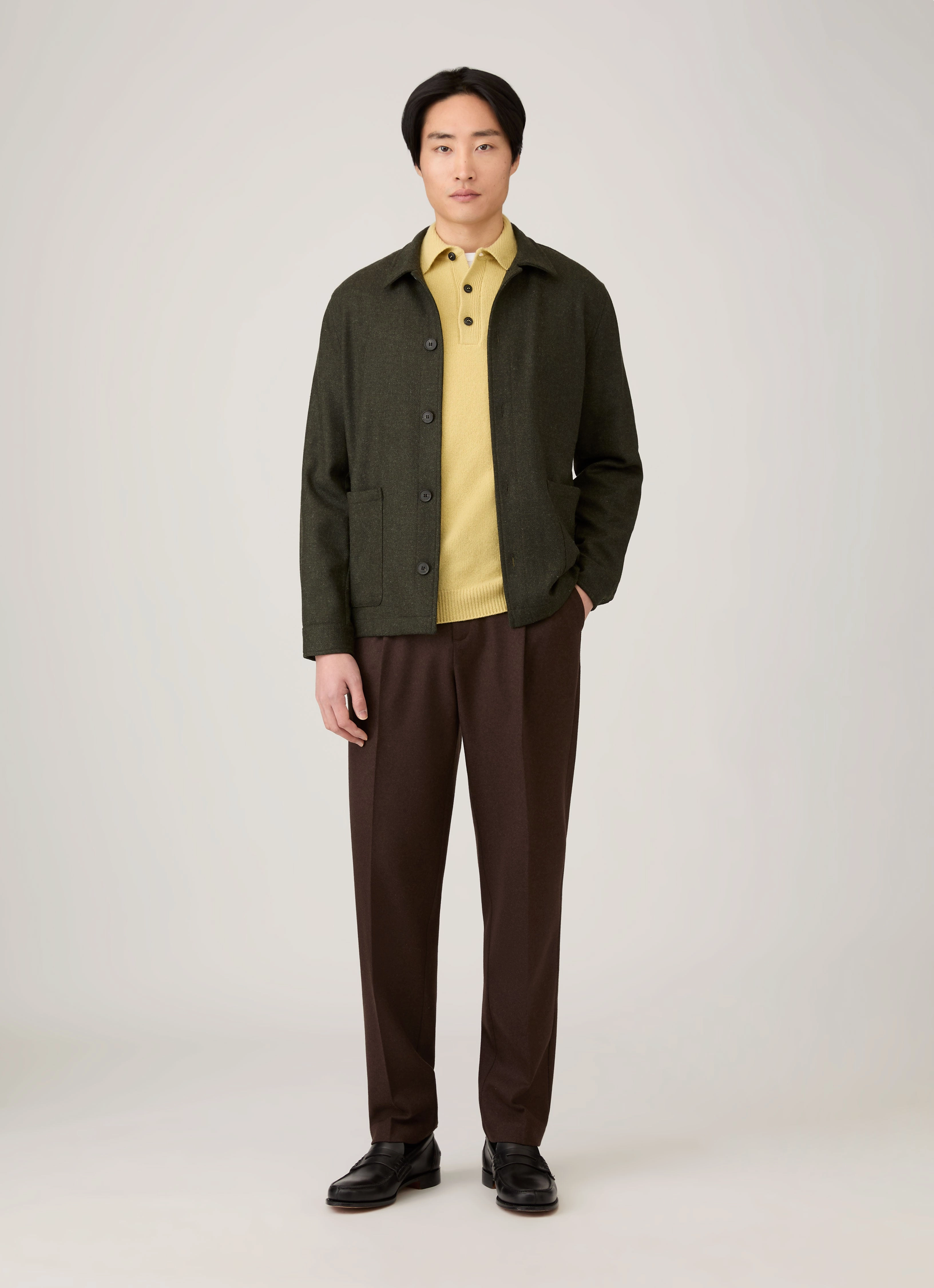 Men's Lambswool Polo Shirt in Dusty Yellow Raglan Sleeve