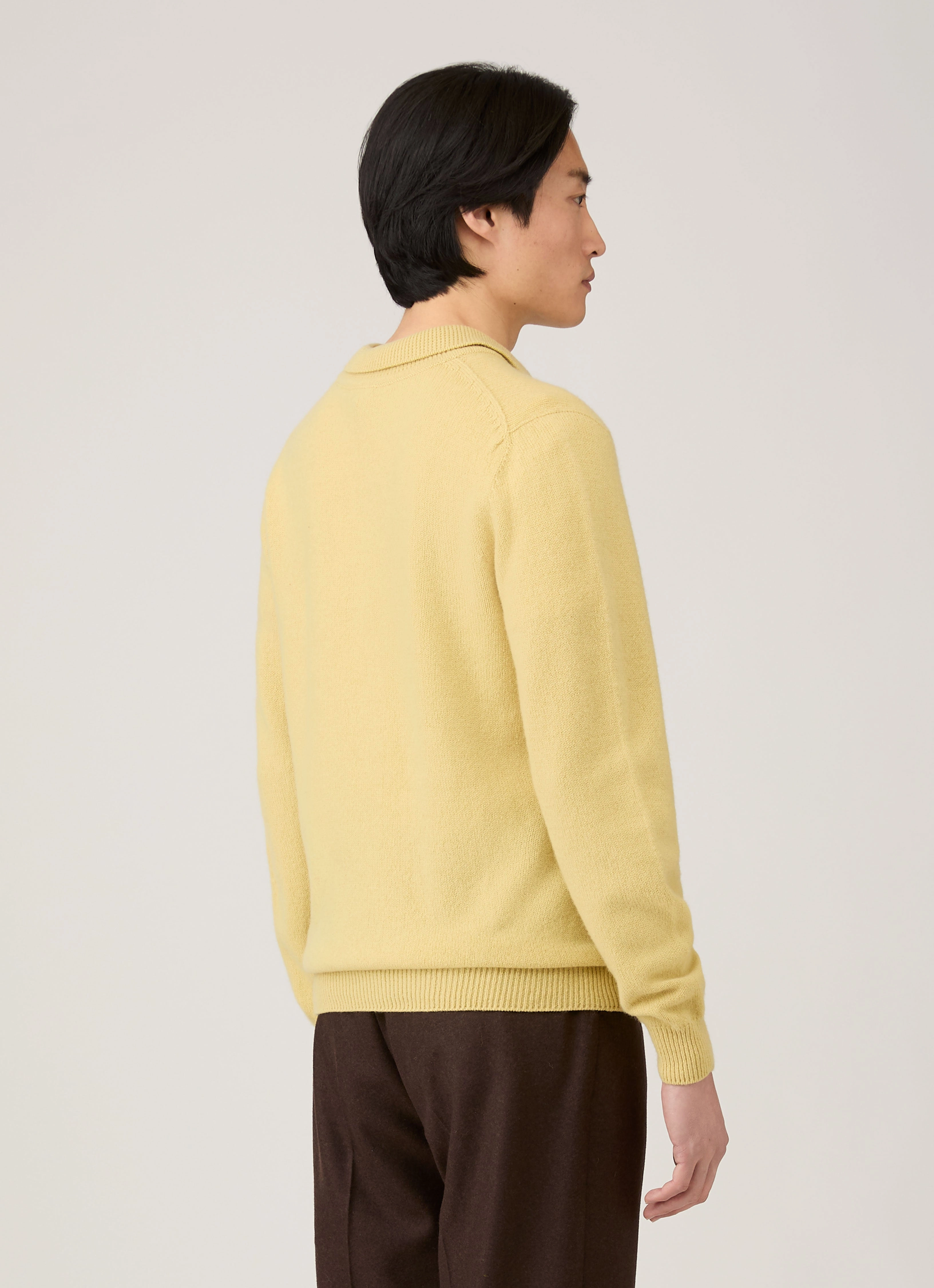 Men's Lambswool Polo Shirt in Dusty Yellow Raglan Sleeve