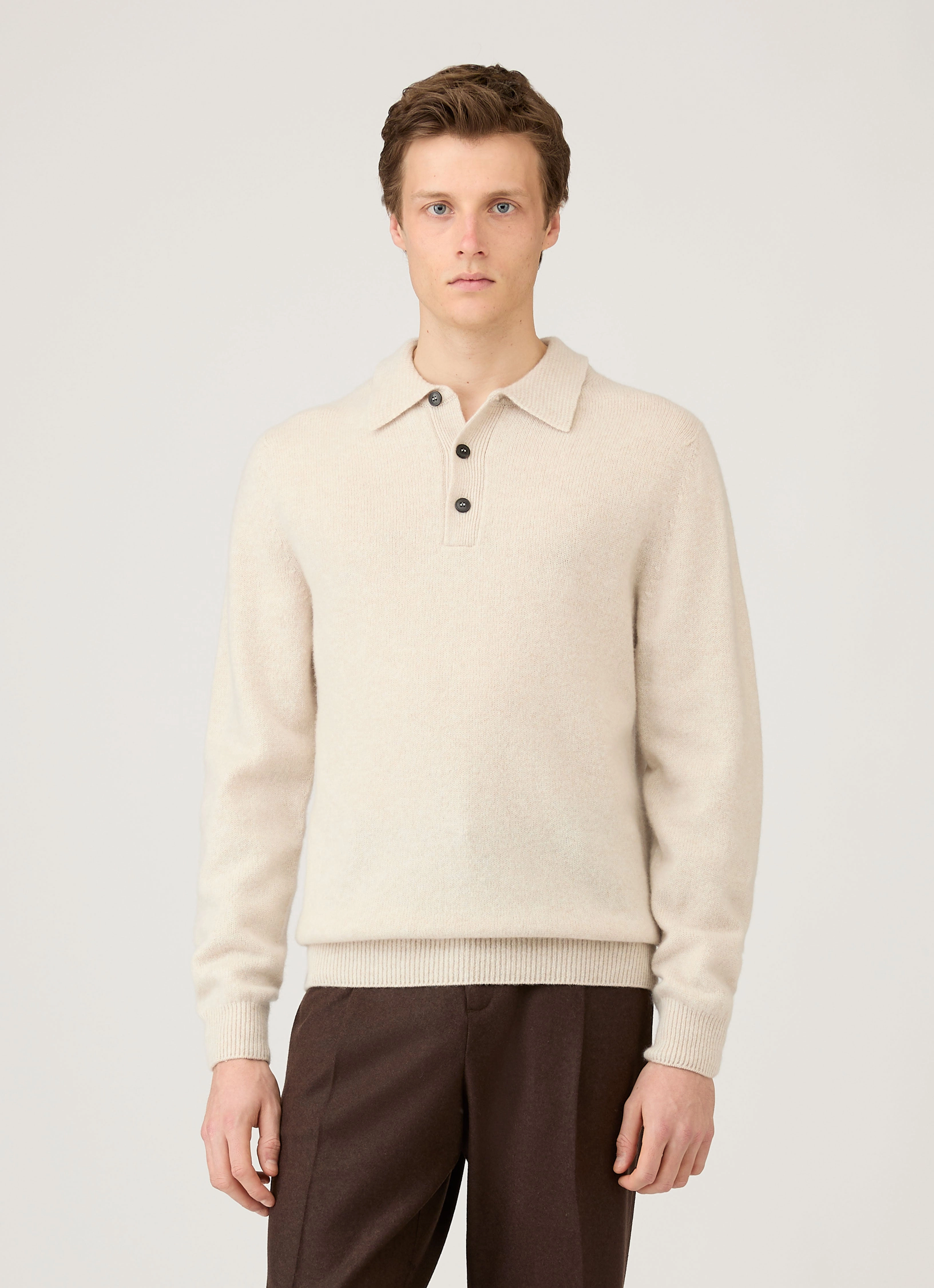 Men's Lambswool Polo Shirt in Oatmeal Melange Knit Fine