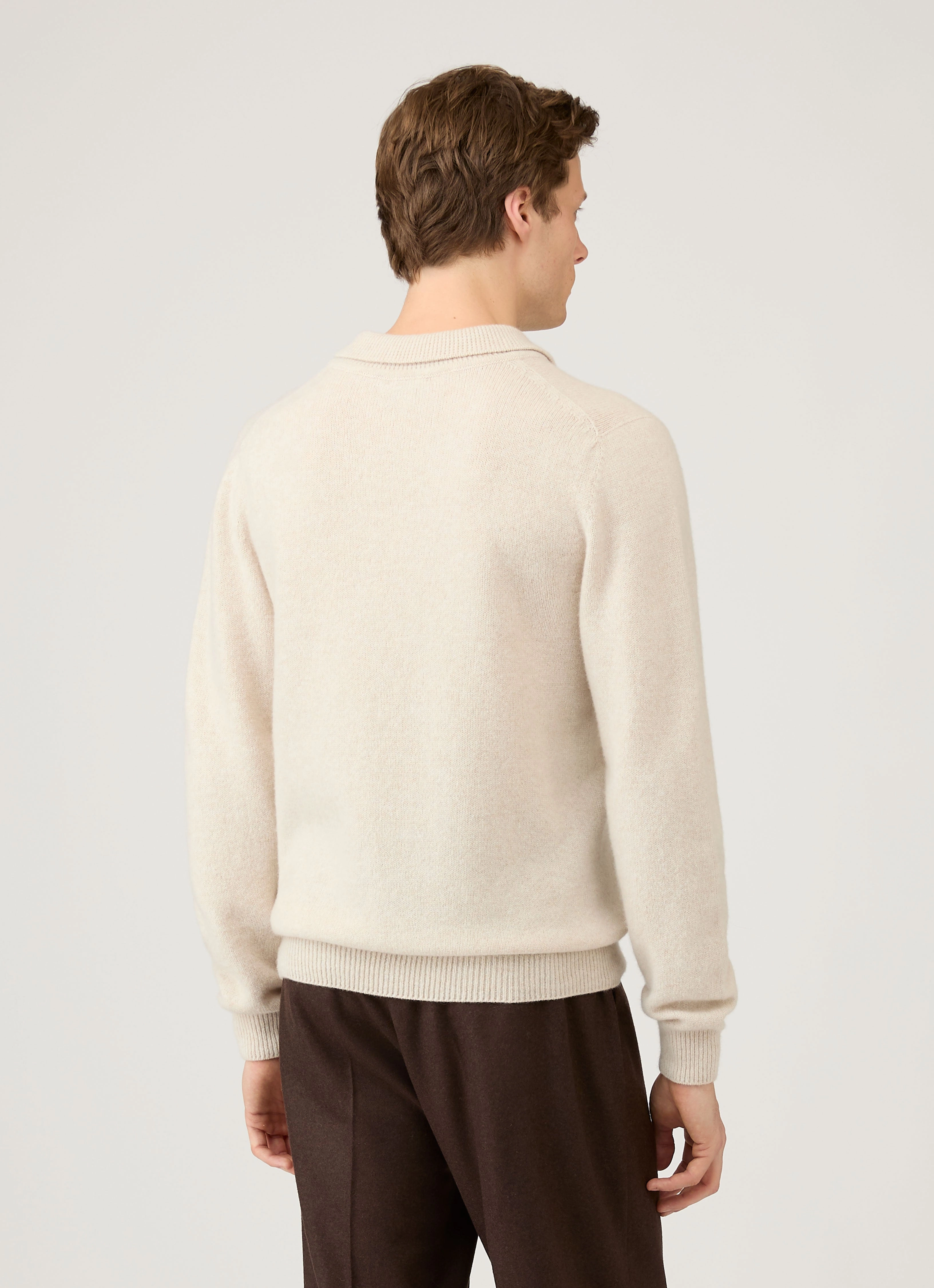 Men's Lambswool Polo Shirt in Oatmeal Melange Knit Fine