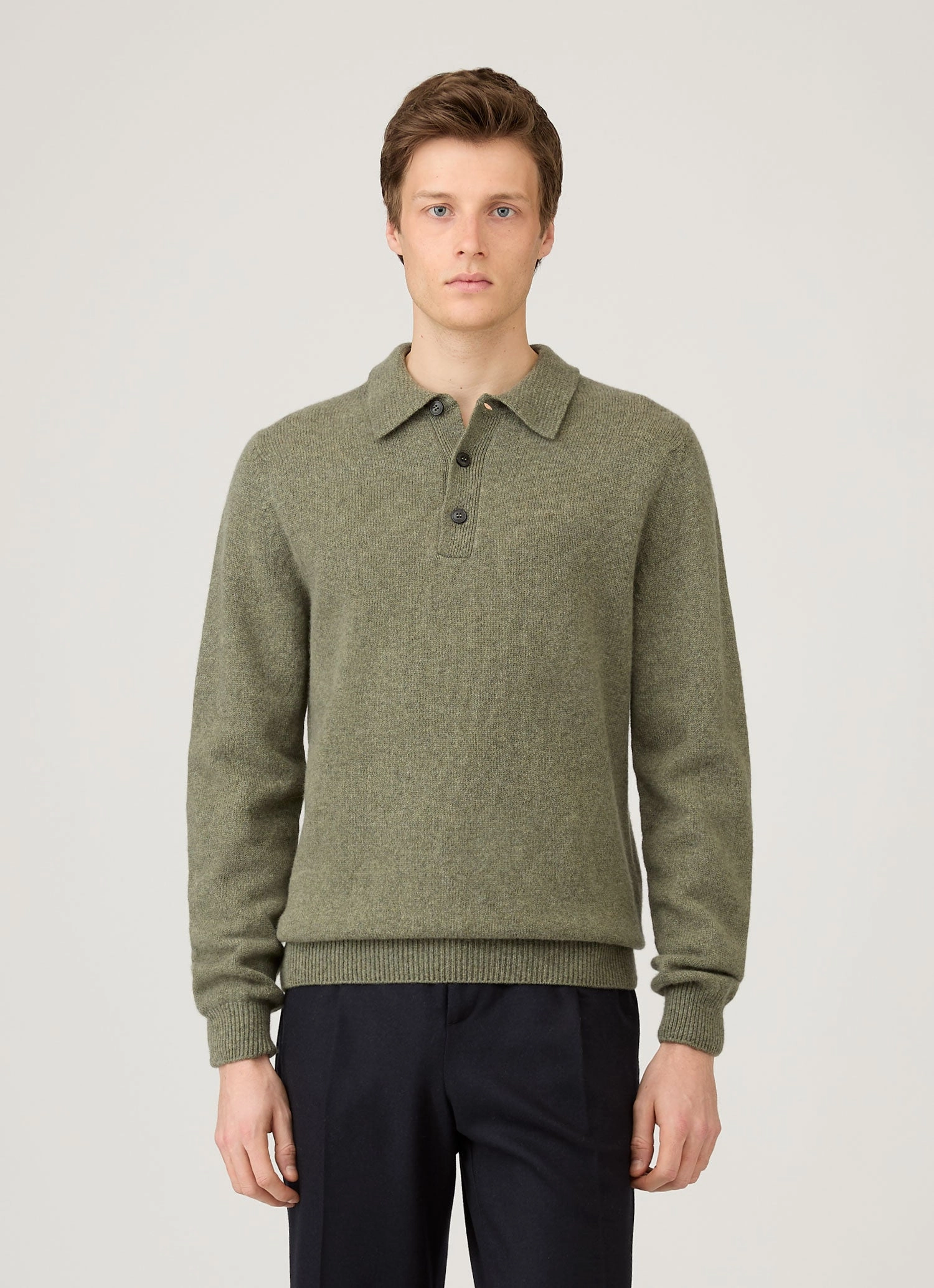 Men's Lambswool Polo Shirt in Sea Moss Round Neck Minimal