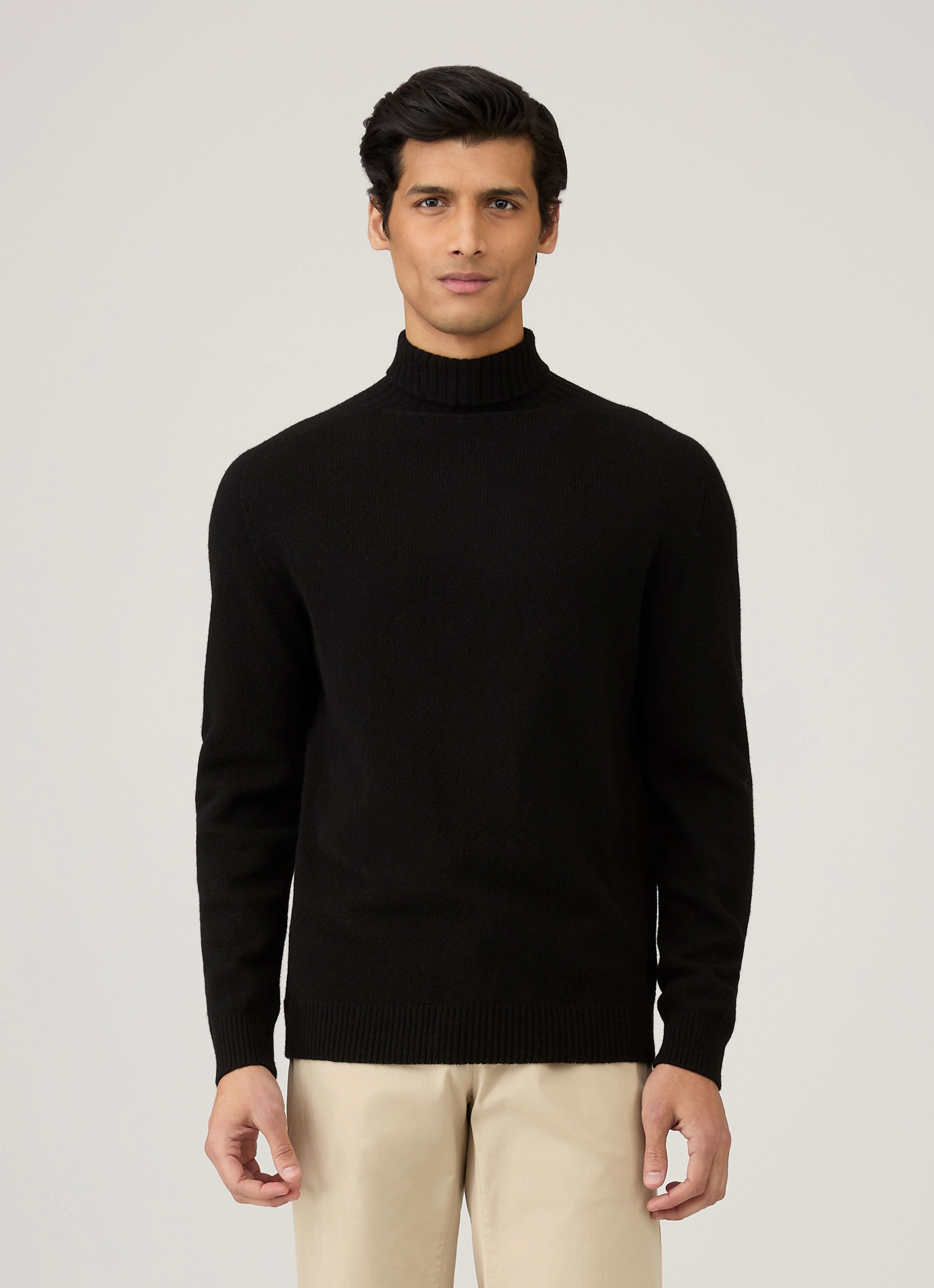 Men's Lambswool Roll Neck in Black Fleece-lined Thick
