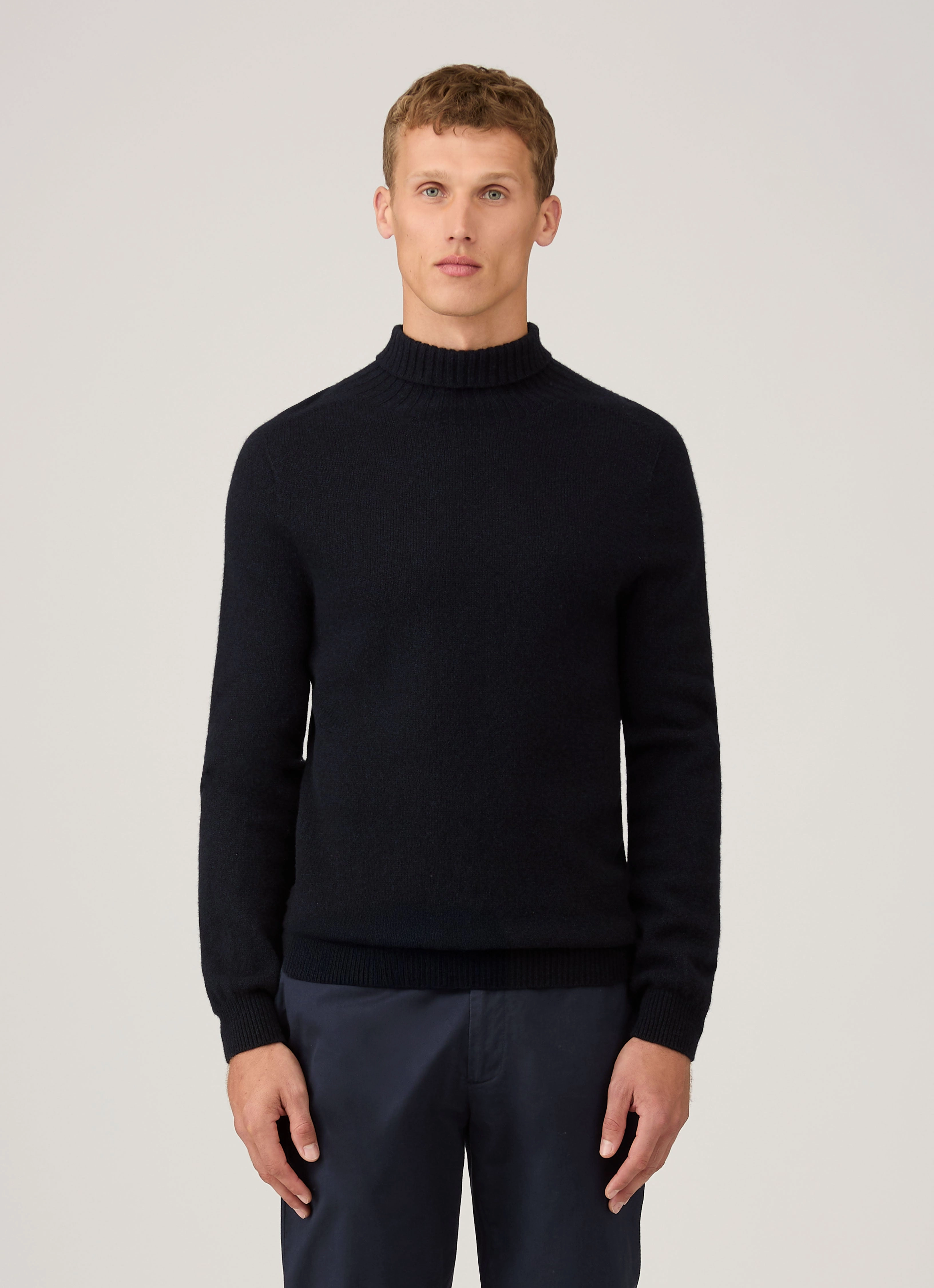 Men's Lambswool Roll Neck in Dark Navy Mouline Cashmere Soft