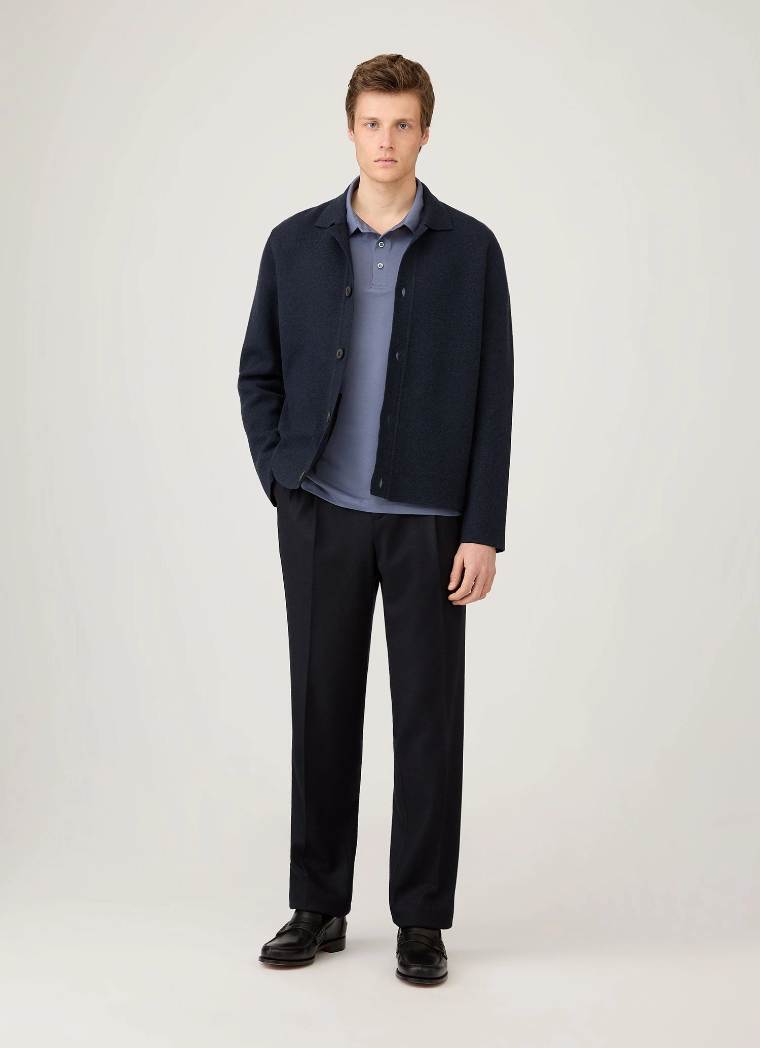 Men's Long Sleeve Classic Jersey Polo Shirt in Selvedge Blue Stylish Profile