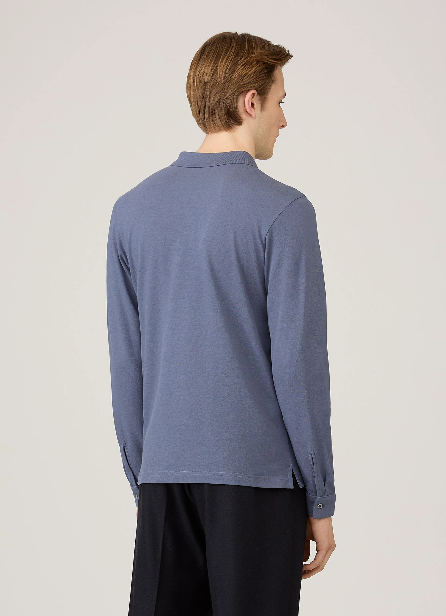 Men's Long Sleeve Piqu?? Polo Shirt in Selvedge Blue Fresh Profile
