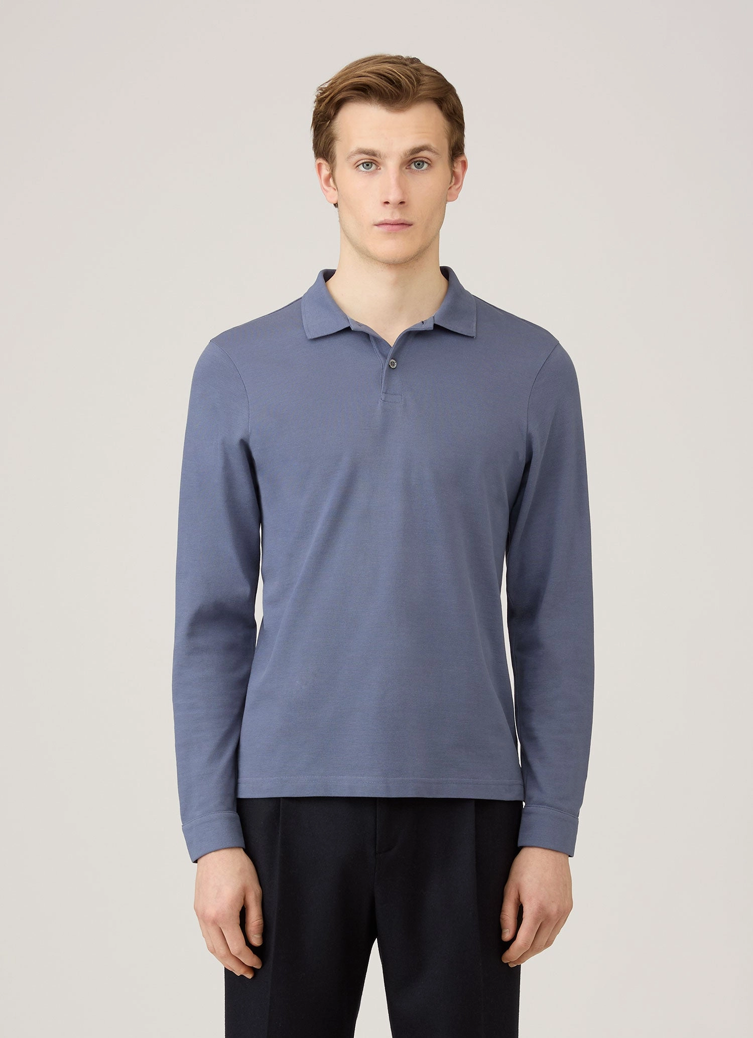 Men's Long Sleeve Piqu?? Polo Shirt in Selvedge Blue Fresh Profile