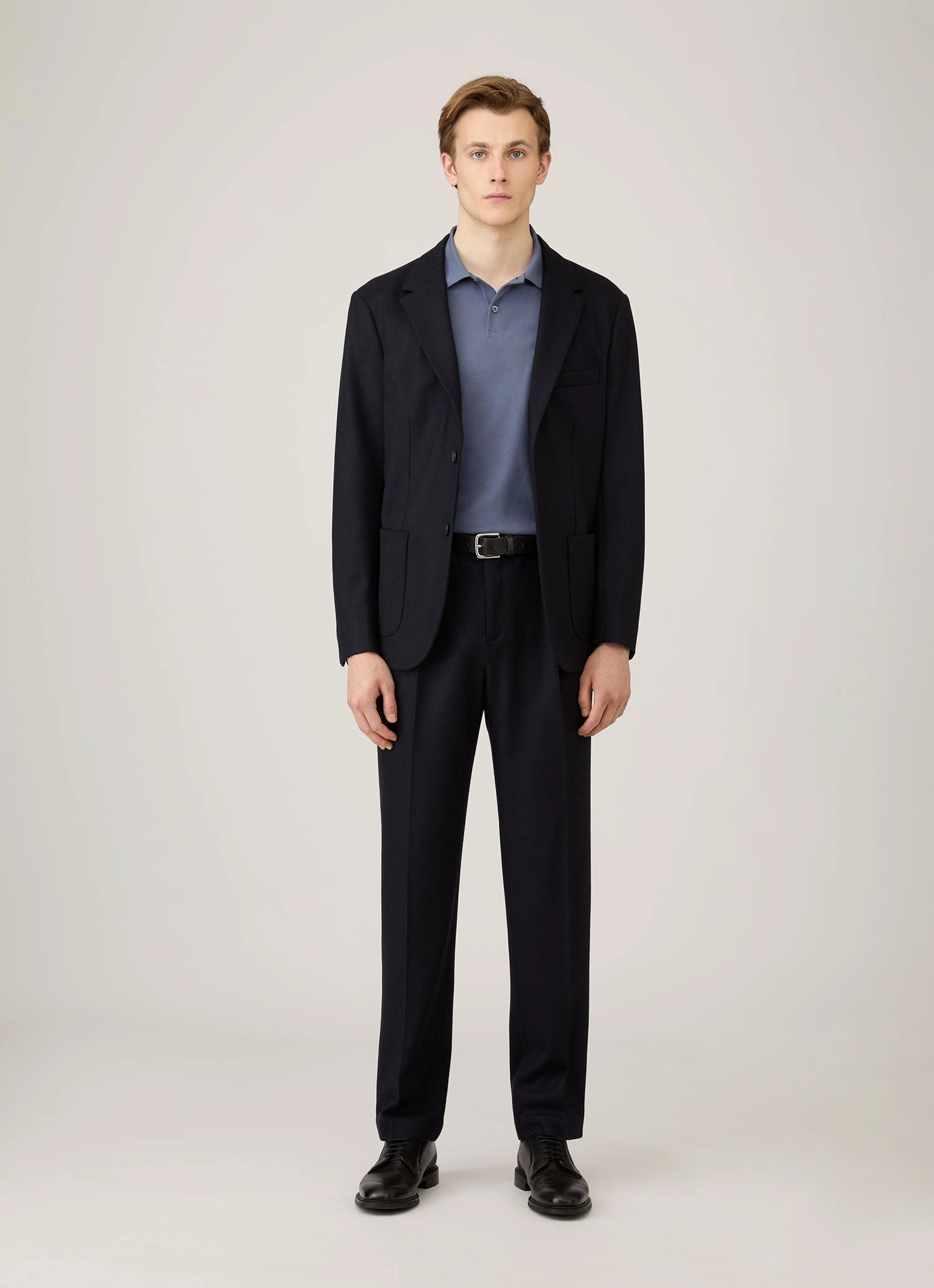 Men's Long Sleeve Piqu?? Polo Shirt in Selvedge Blue Fresh Profile