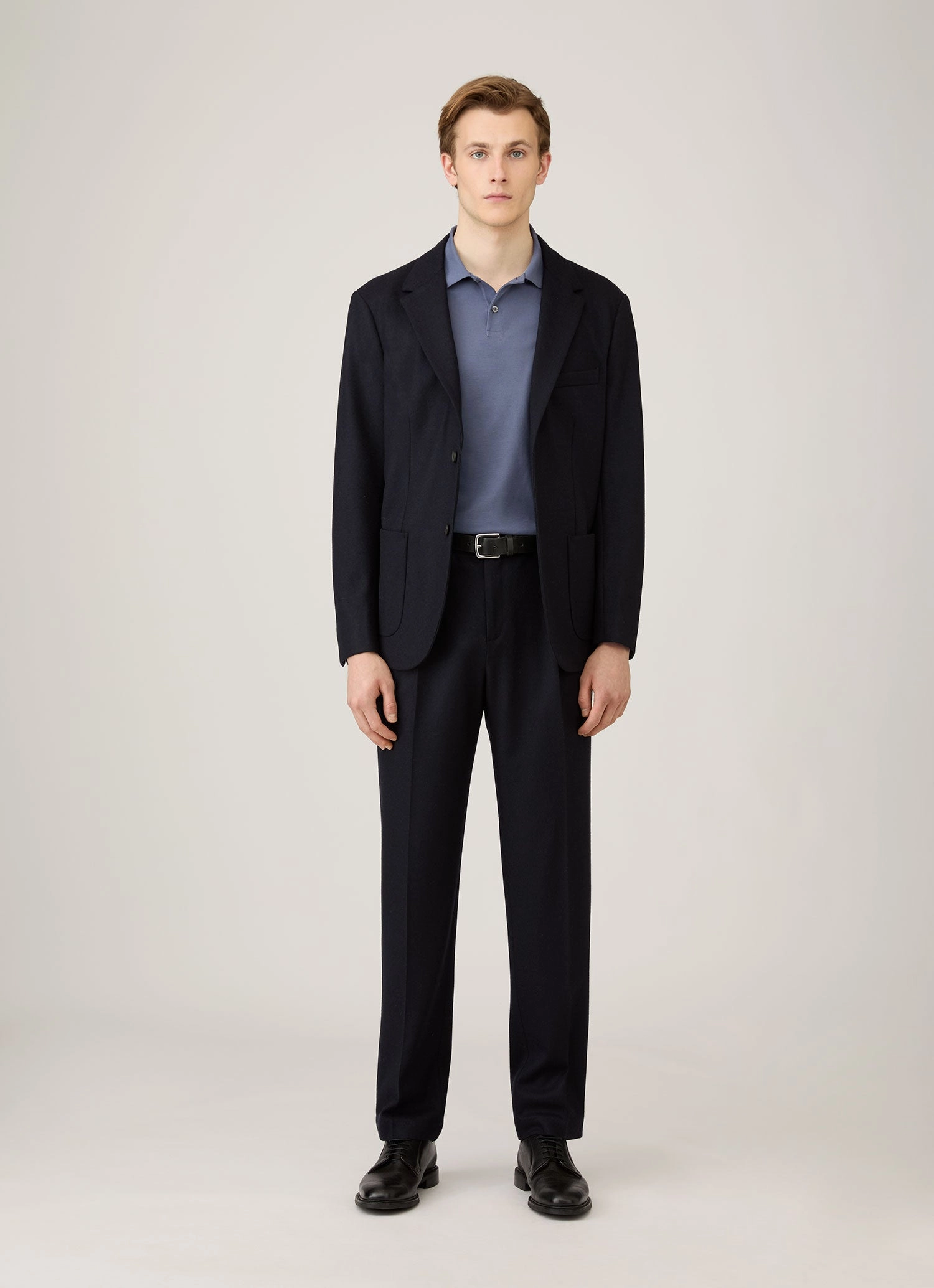 Men's Long Sleeve Piqu?? Polo Shirt in Selvedge Blue Fresh Profile