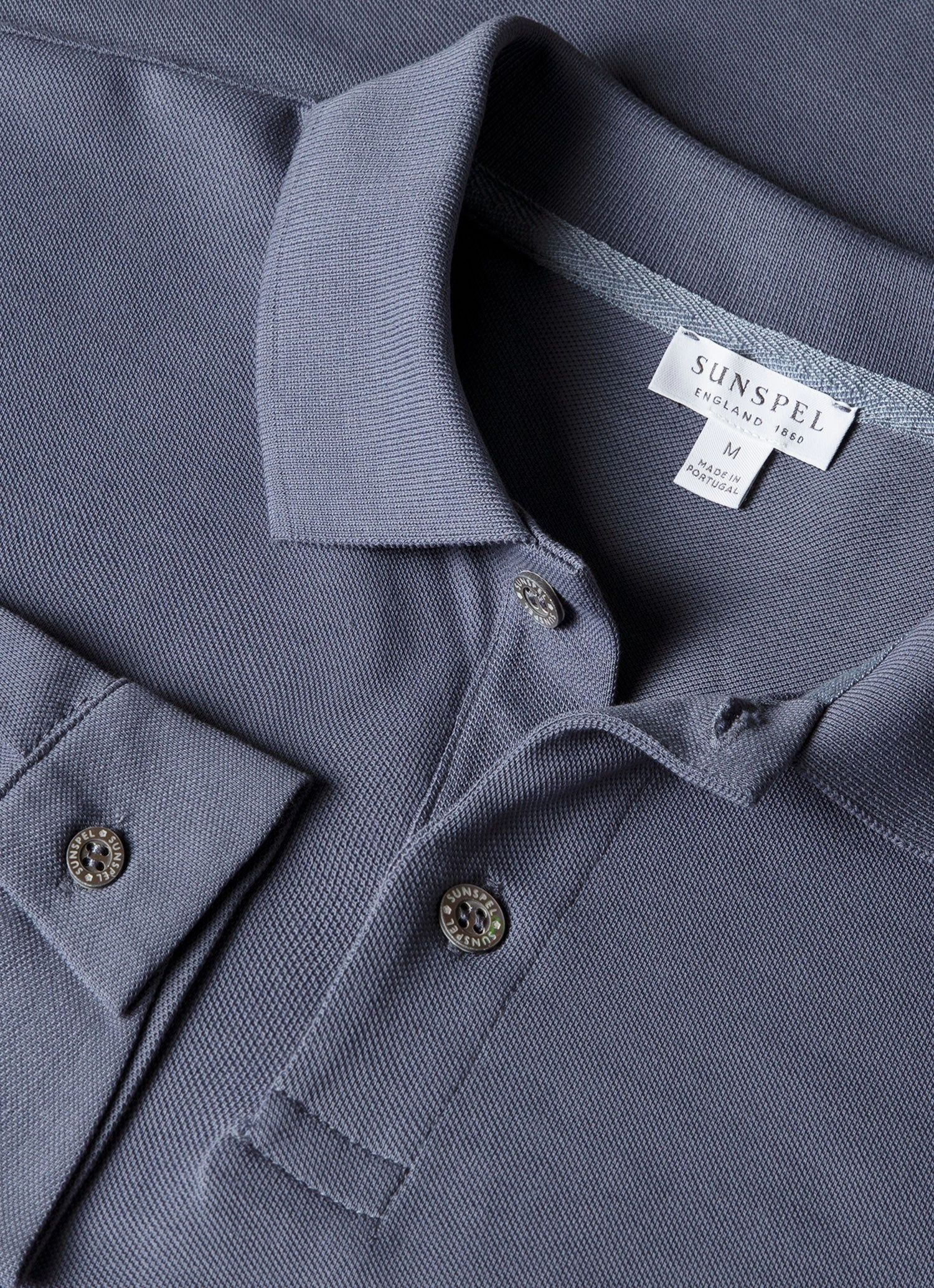 Men's Long Sleeve Piqu?? Polo Shirt in Selvedge Blue Fresh Profile