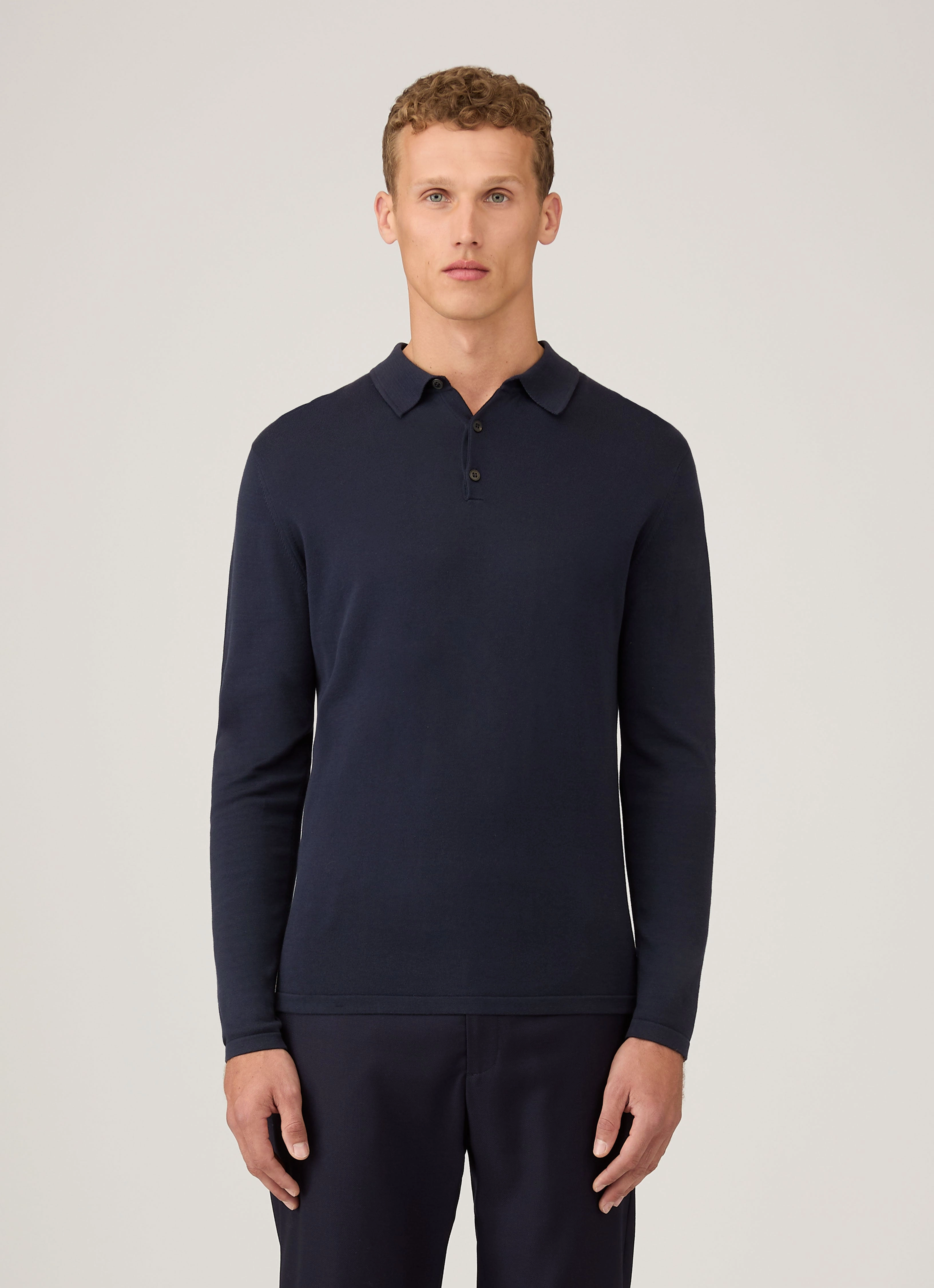 Men's Long Sleeve Sea Island Cotton Knit Polo Shirt in Light Navy Comfortable Design