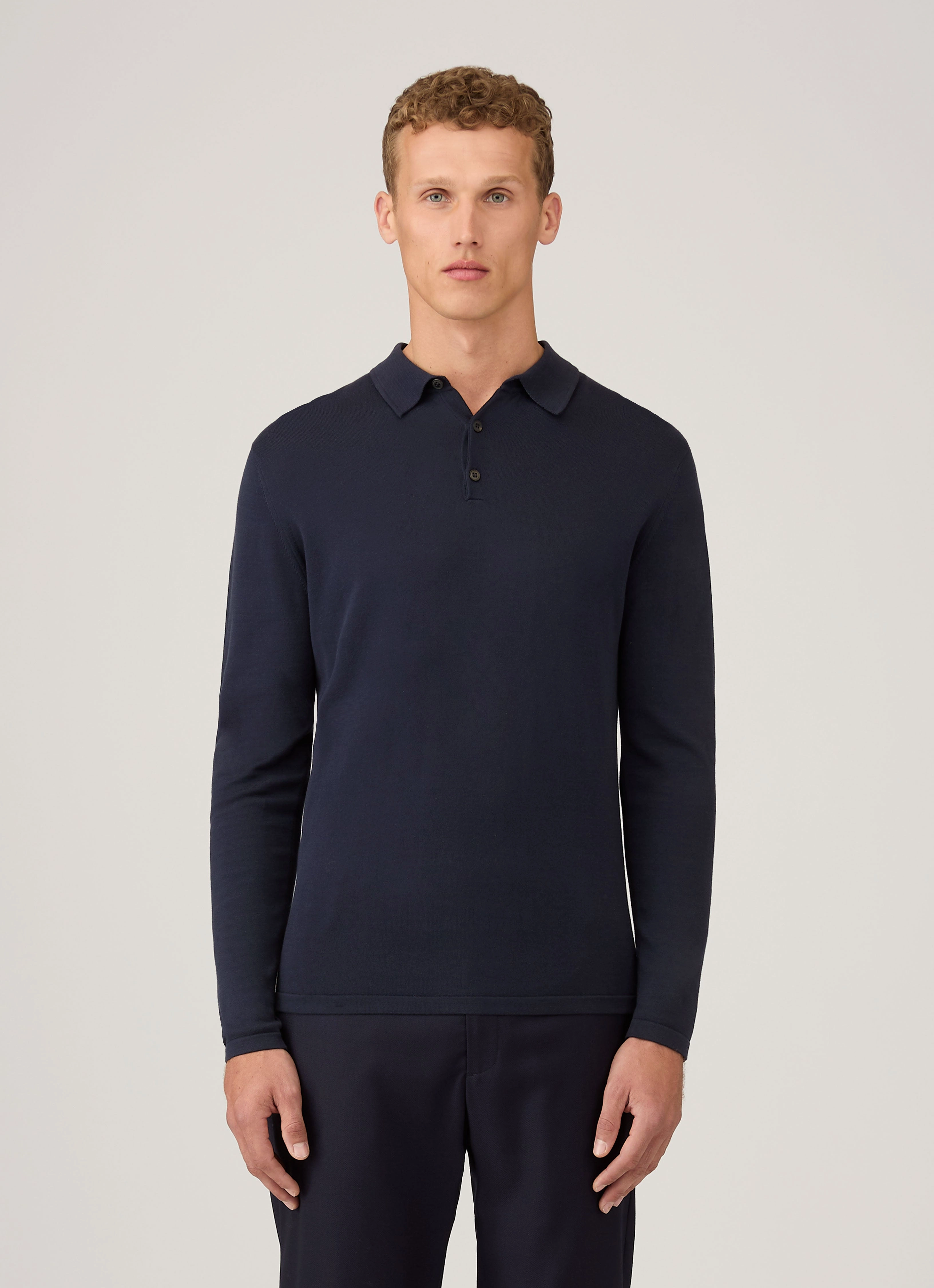 Men's Long Sleeve Sea Island Cotton Knit Polo Shirt in Light Navy Comfortable Design