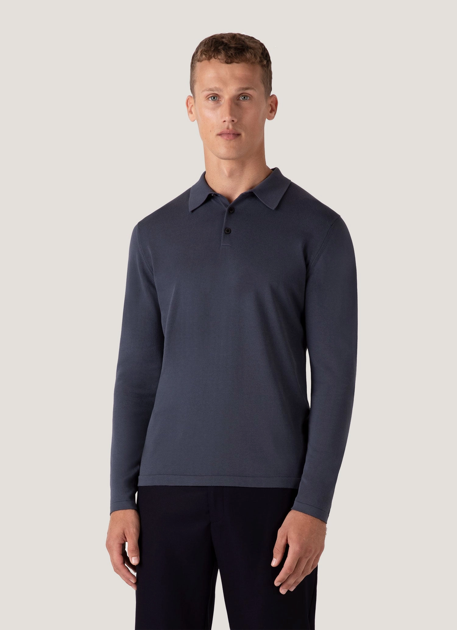 Men's Long Sleeve Sea Island Cotton Knit Polo Shirt in Slate Blue Lightweight clothing