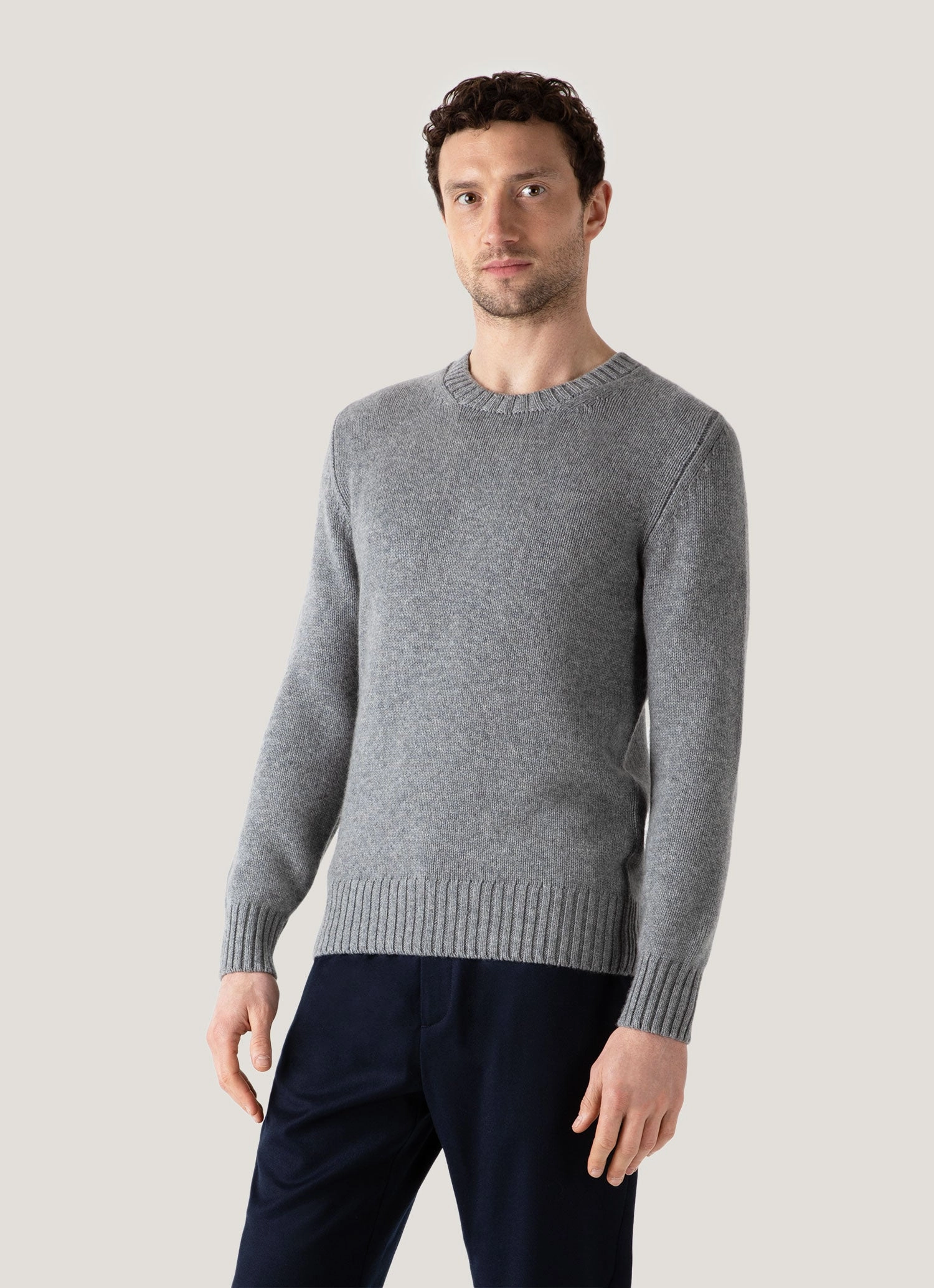 Men's Roxburgh Cashmere Jumper in Mid Grey Melange Durable Fabric
