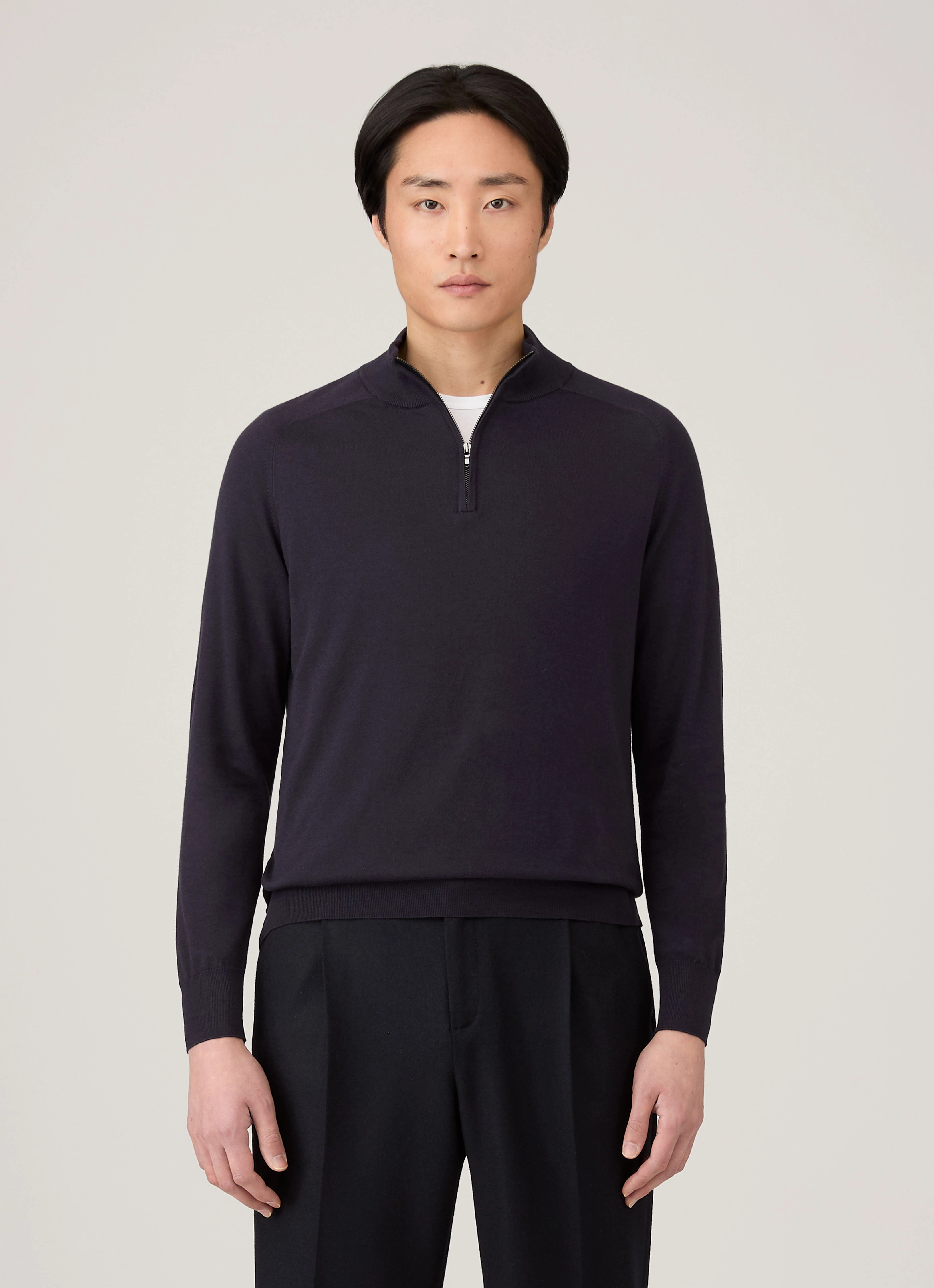 Men's Sea Island Cashmere Half Zip in Midnight Navy 9/10 Sleeve