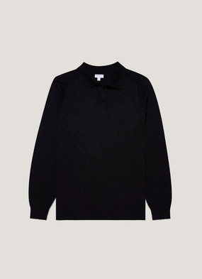 Classic ribbed knit Heavyweight knit top Men's Sea Island Cashmere Polo Shirt in Black