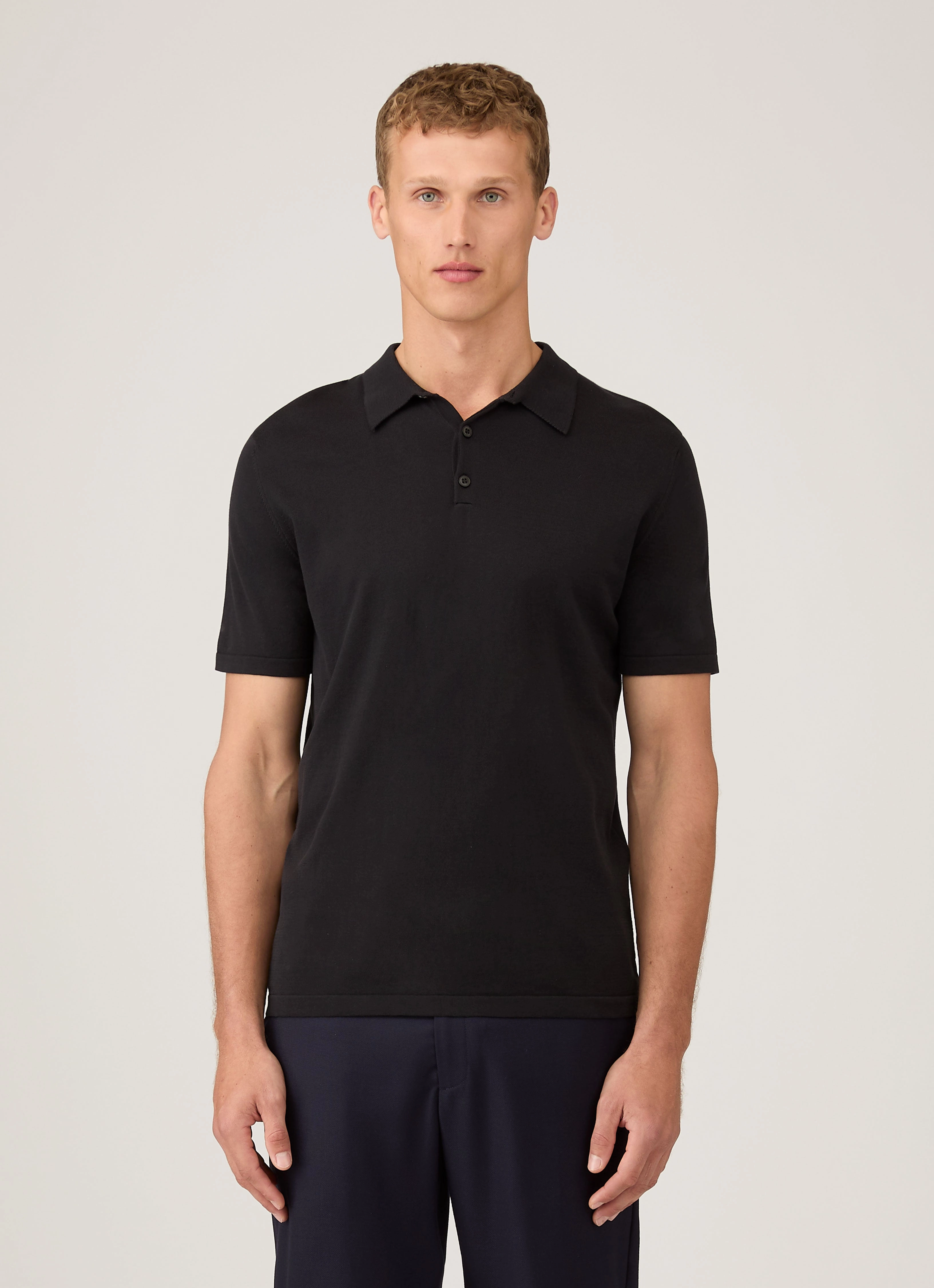 Men's Sea Island Cotton Knit Polo Shirt in Black Long Warm