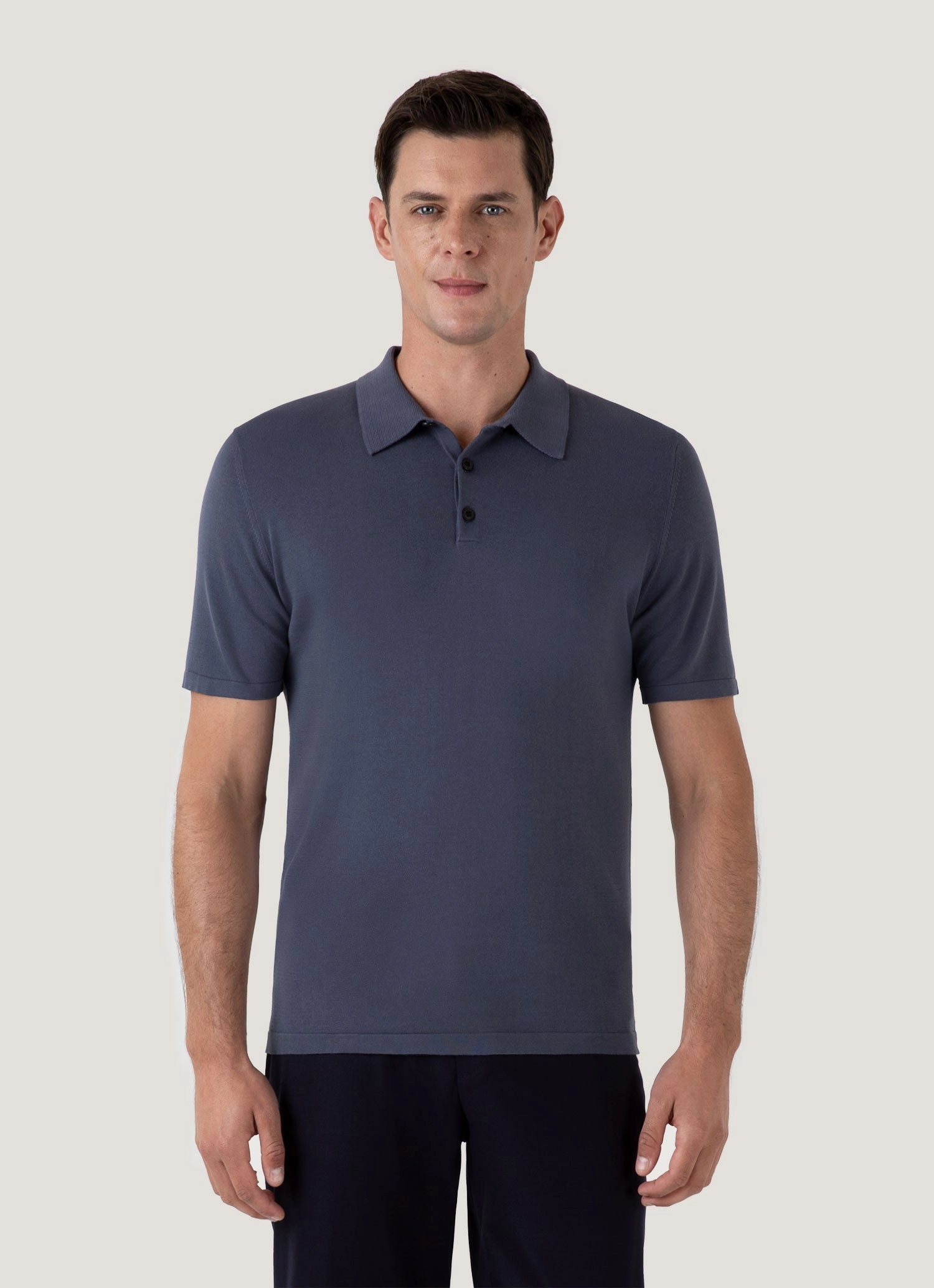 Men's Sea Island Cotton Knit Polo Shirt in Slate Blue Turn-down Collar