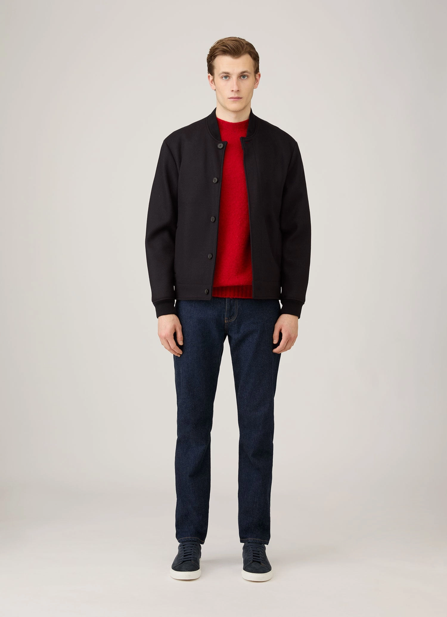 Men's Shetland Crew Neck Jumper in Bright Red slim cut