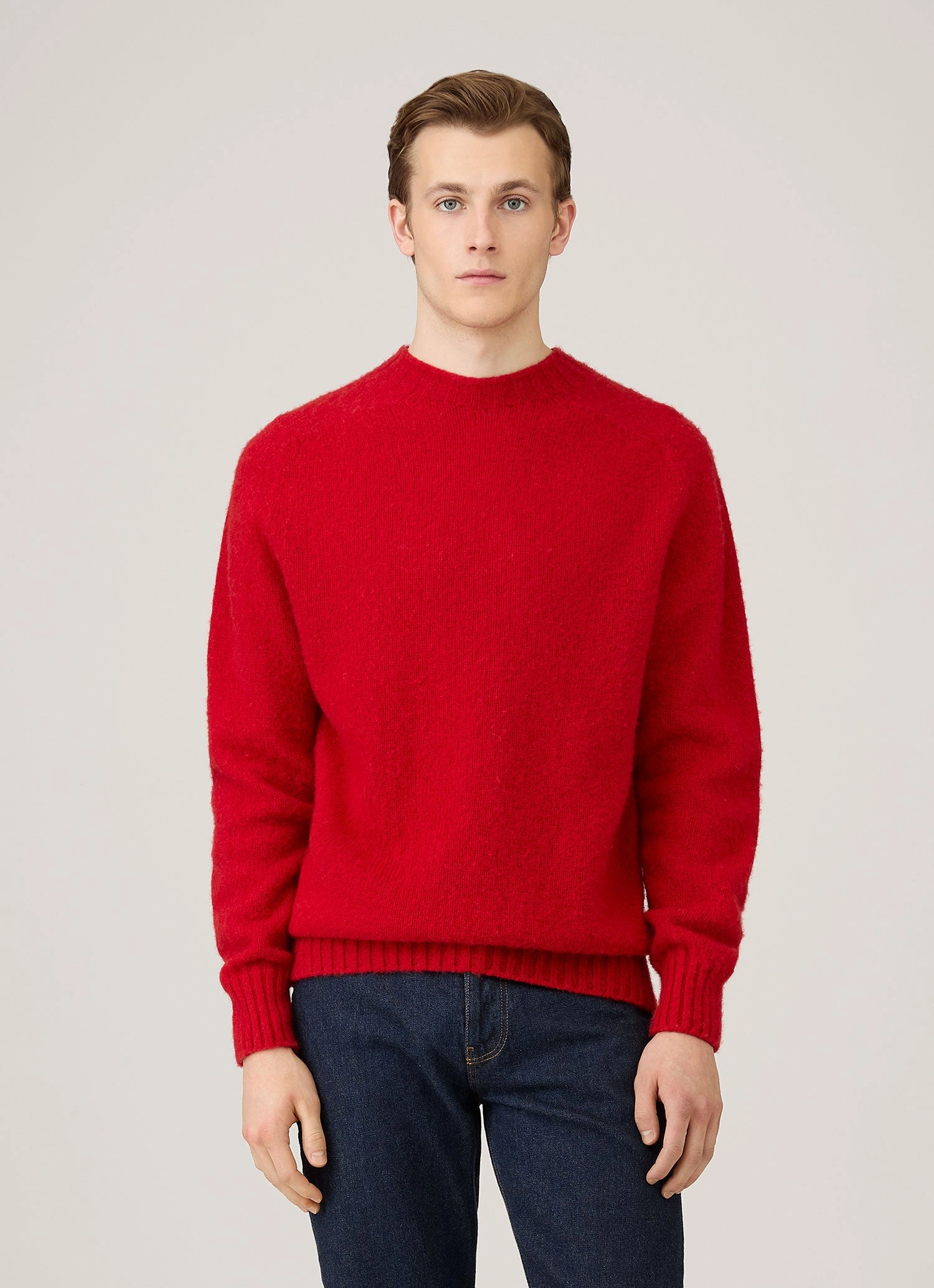 Men's Shetland Crew Neck Jumper in Bright Red slim cut