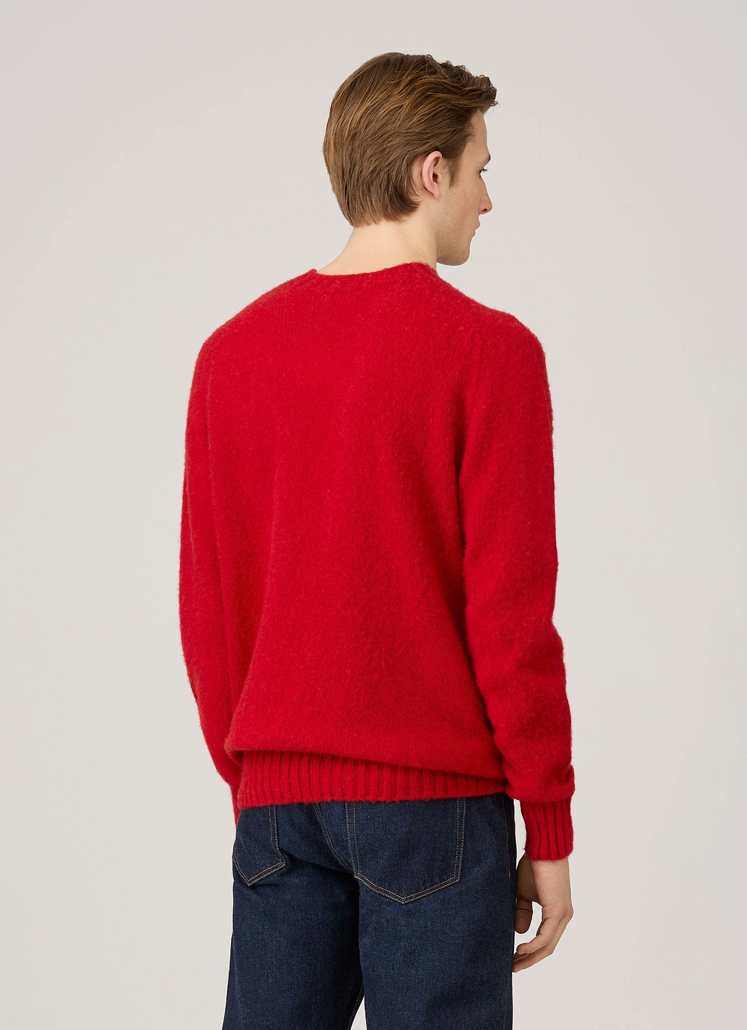 Men's Shetland Crew Neck Jumper in Bright Red slim cut