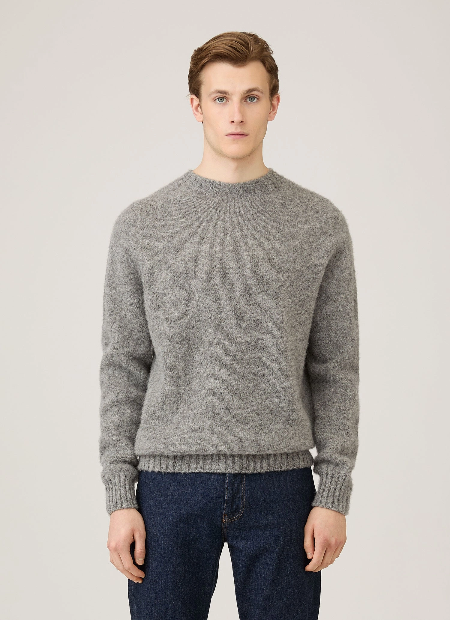 Men's Shetland Crew Neck Jumper in Mid Grey Melange Long Warm