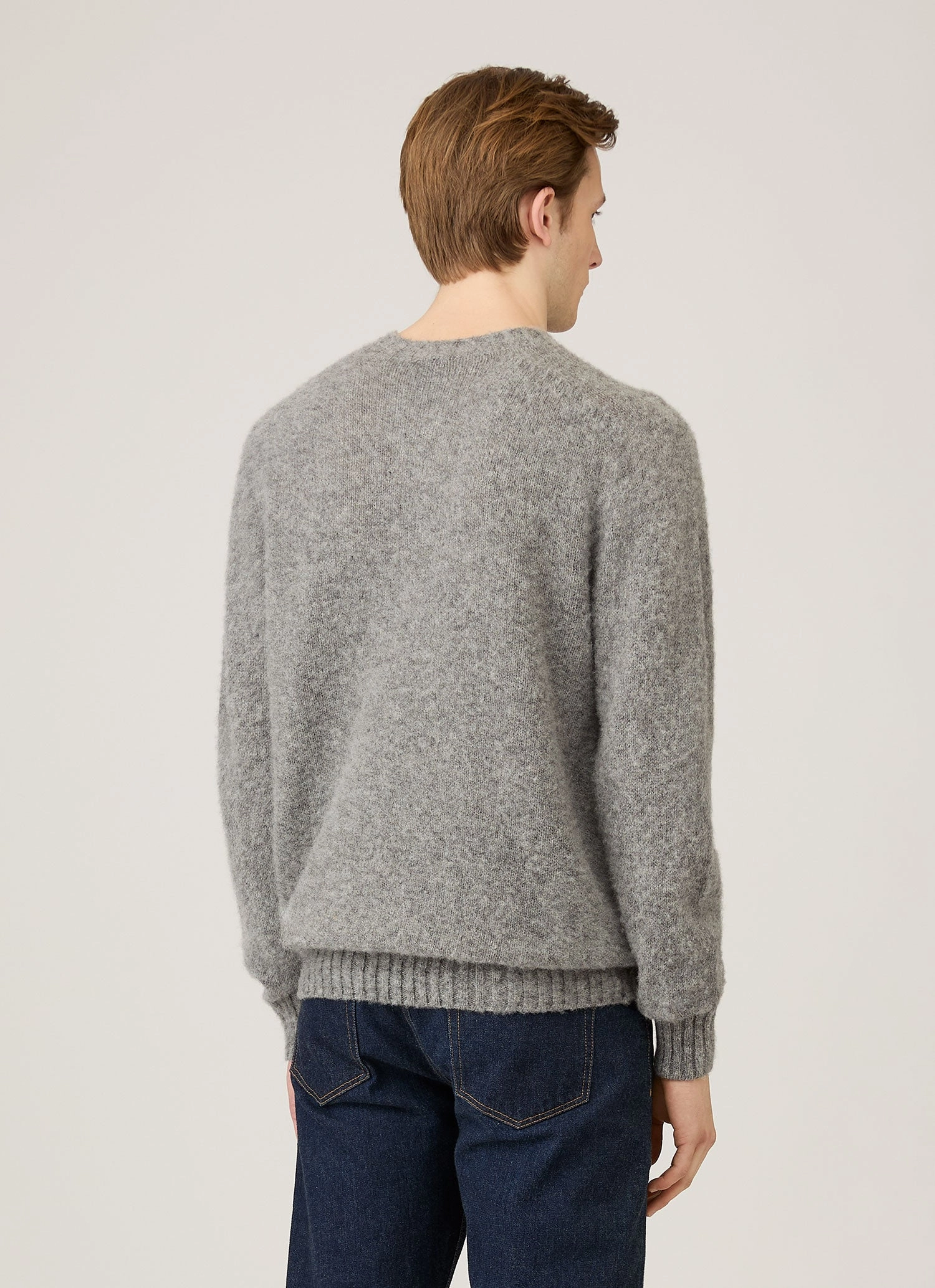 Men's Shetland Crew Neck Jumper in Mid Grey Melange Long Warm