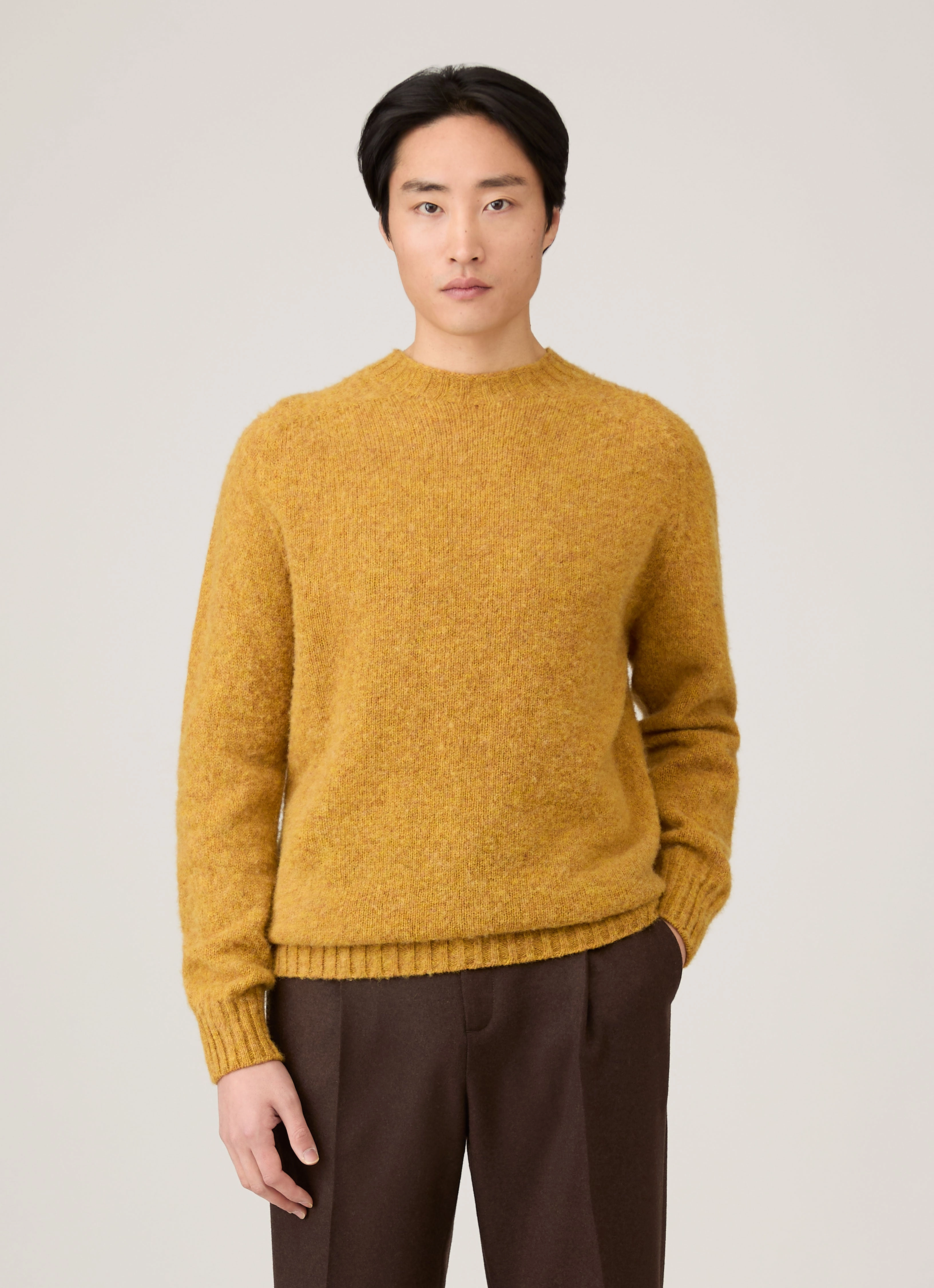 Men's Shetland Crew Neck Jumper in Saffron Mohair