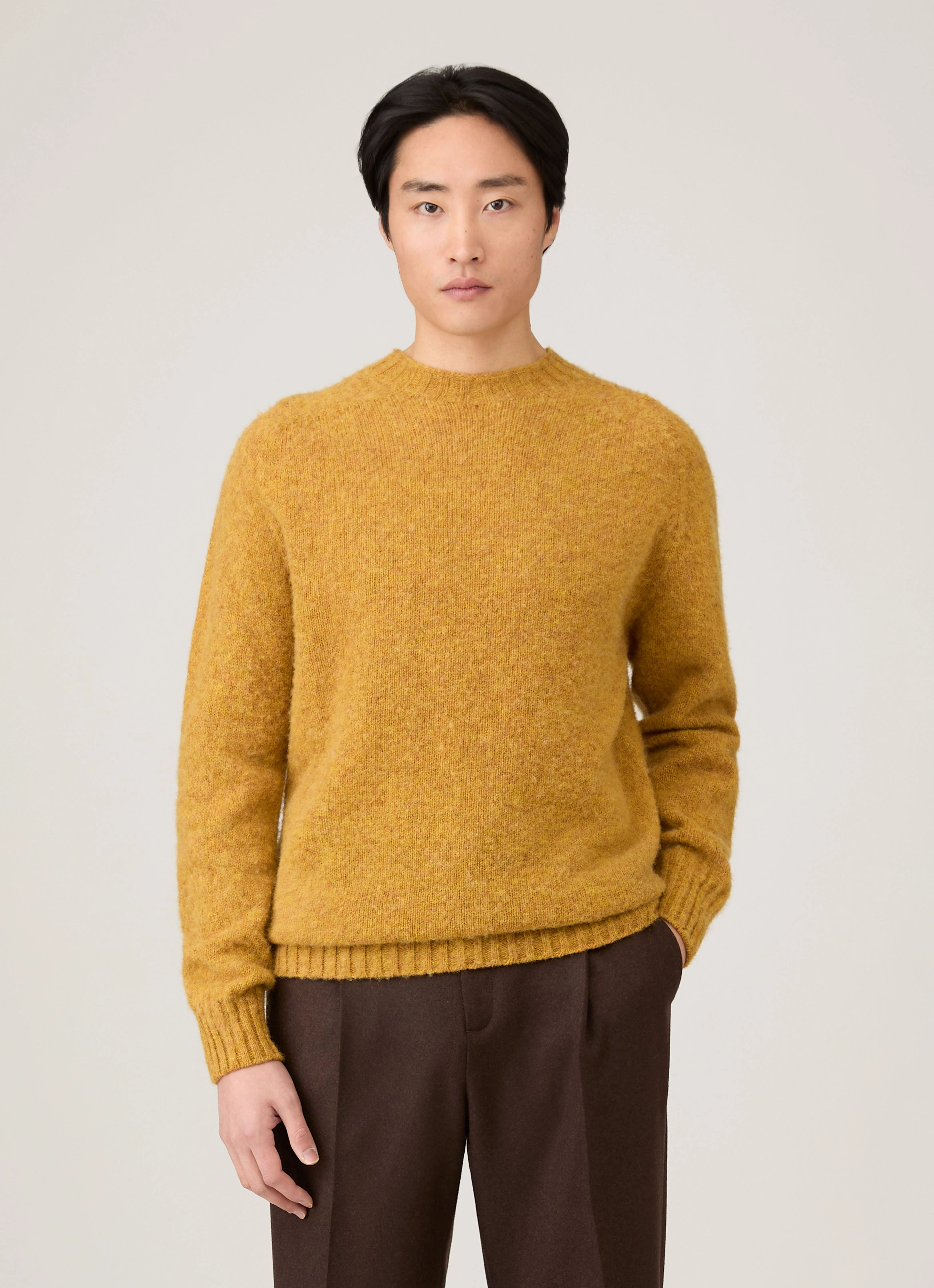 Men's Shetland Crew Neck Jumper in Saffron Mohair