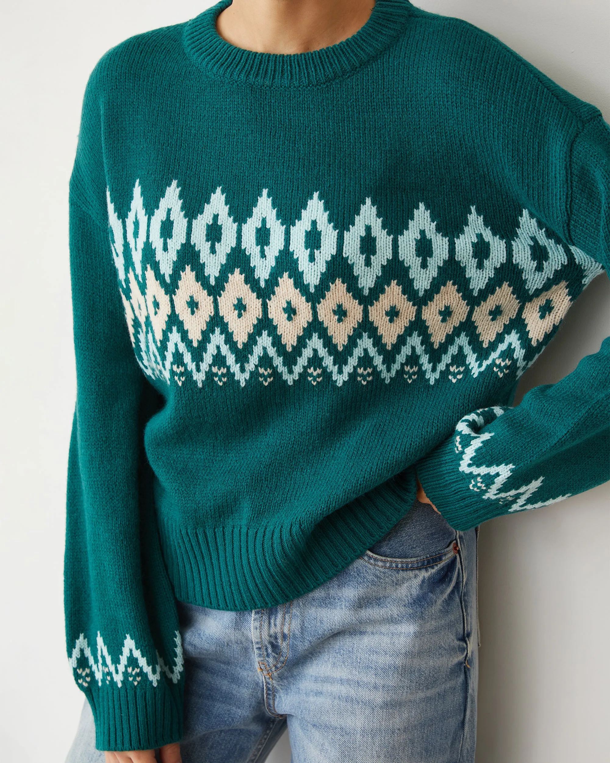 Merino Wool Fair Isle Crew Neck Fashion Look