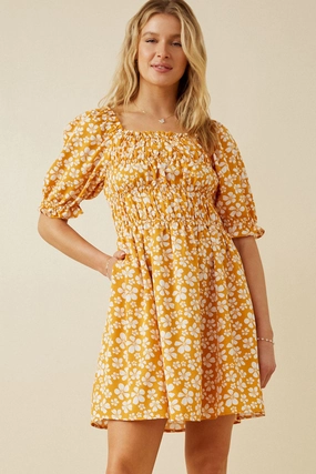 Cozy Drape Skirt Flare Floral Square Neck Loose Smocked Mini Dress