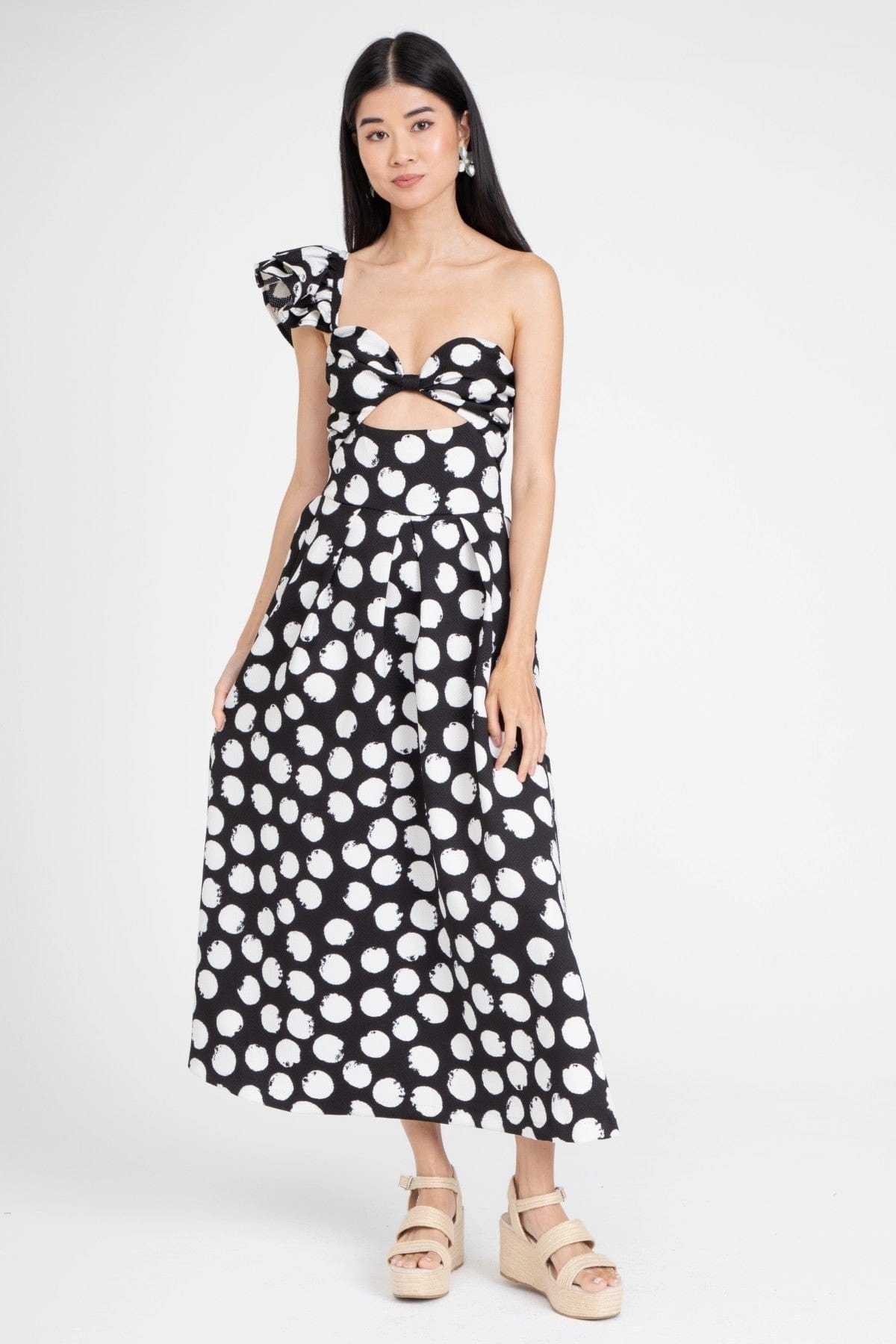 Mesh Accent One Shoulder Dress  Black and White