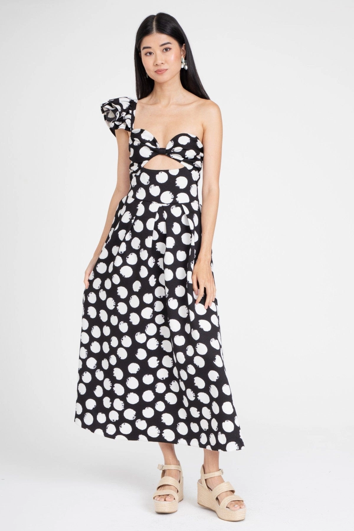 Mesh Accent One Shoulder Dress  Black and White