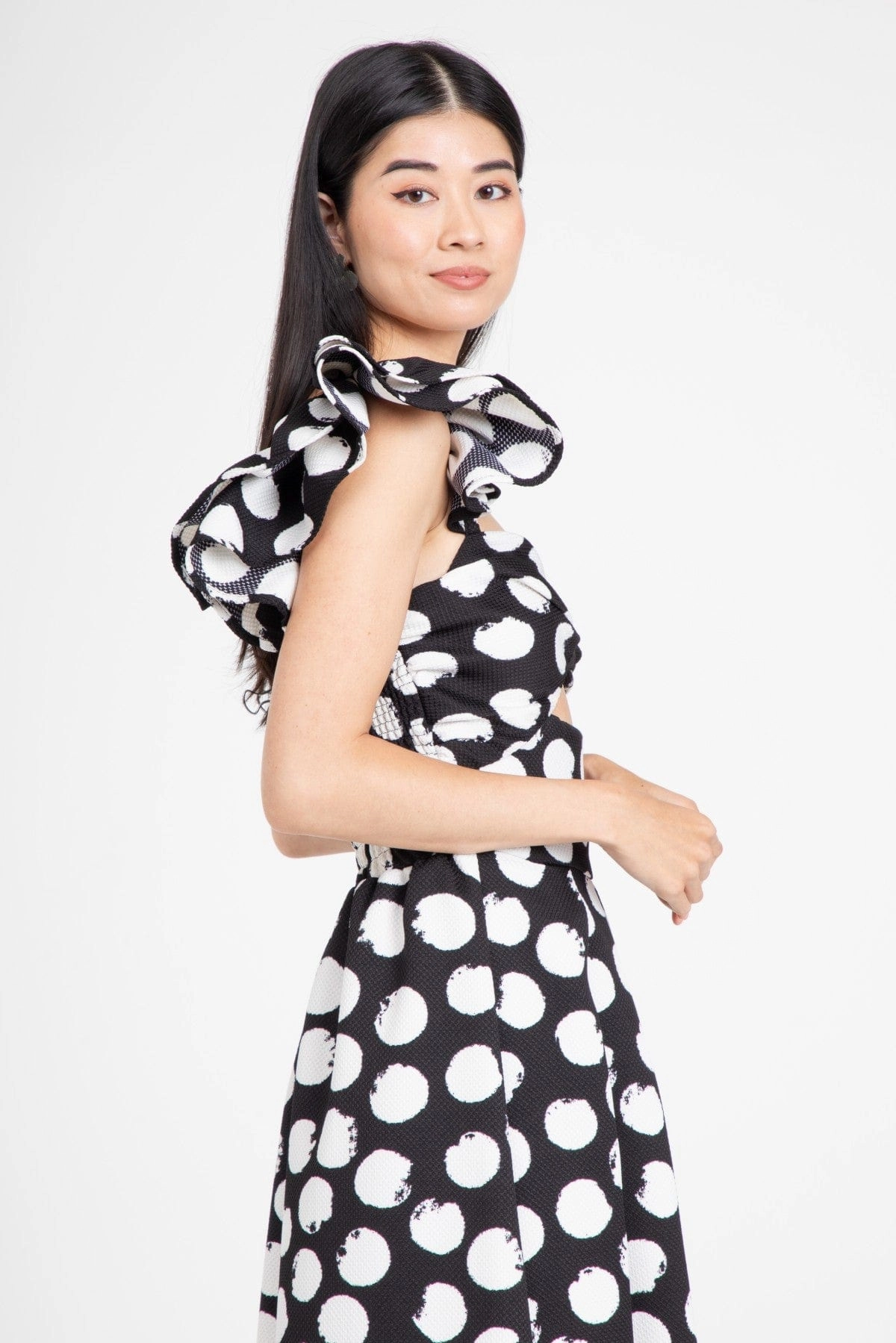 Mesh Accent One Shoulder Dress  Black and White